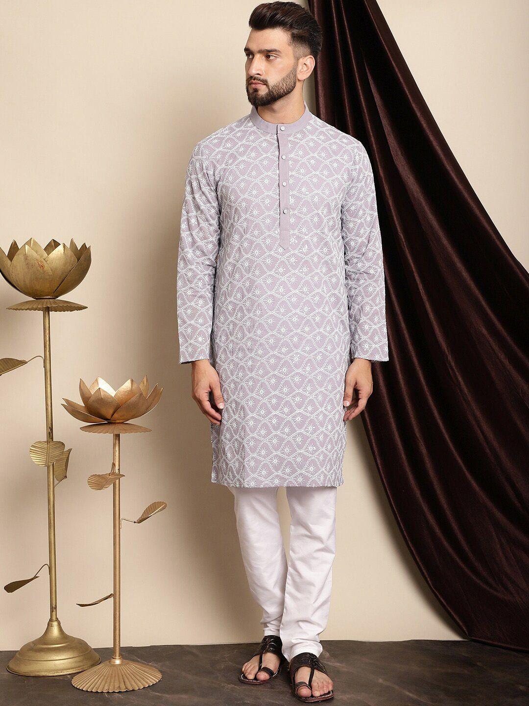 anouk lavender & white floral embroidered thread work pure cotton kurta with churidar