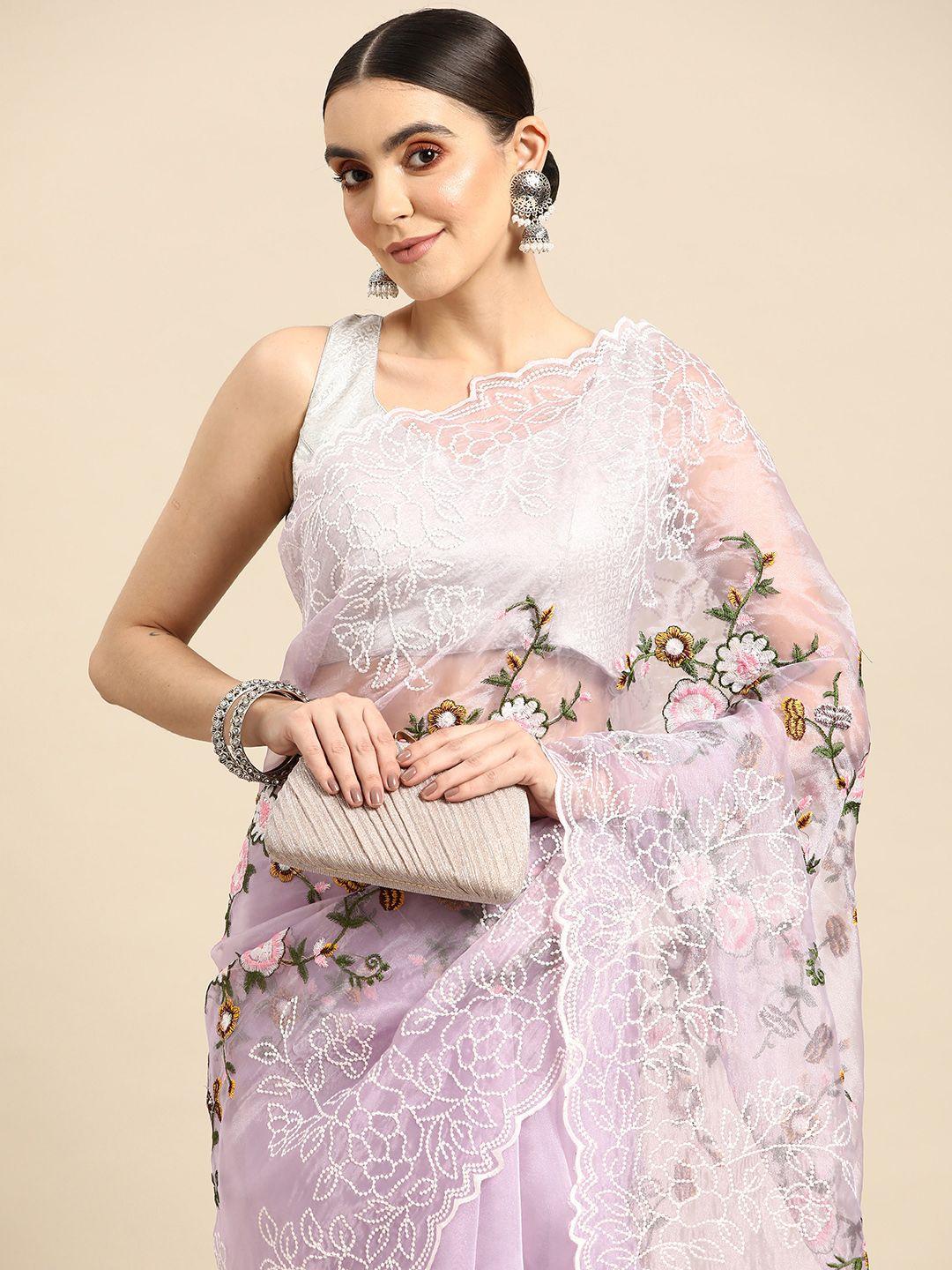 anouk lavender & white floral organza saree