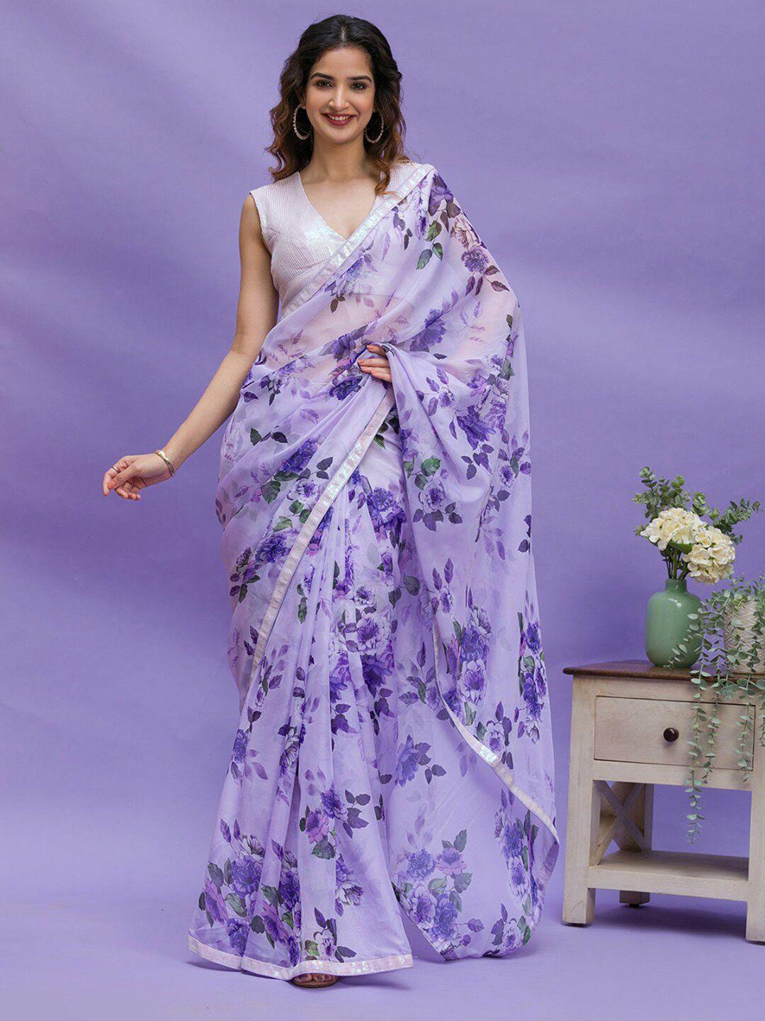 anouk lavender floral printed sequinned pure chiffon saree