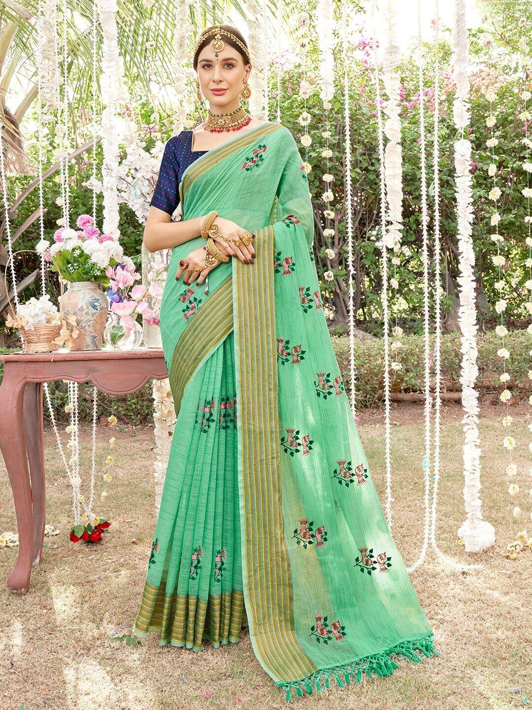 anouk lime green & pink floral embroidered chanderi saree