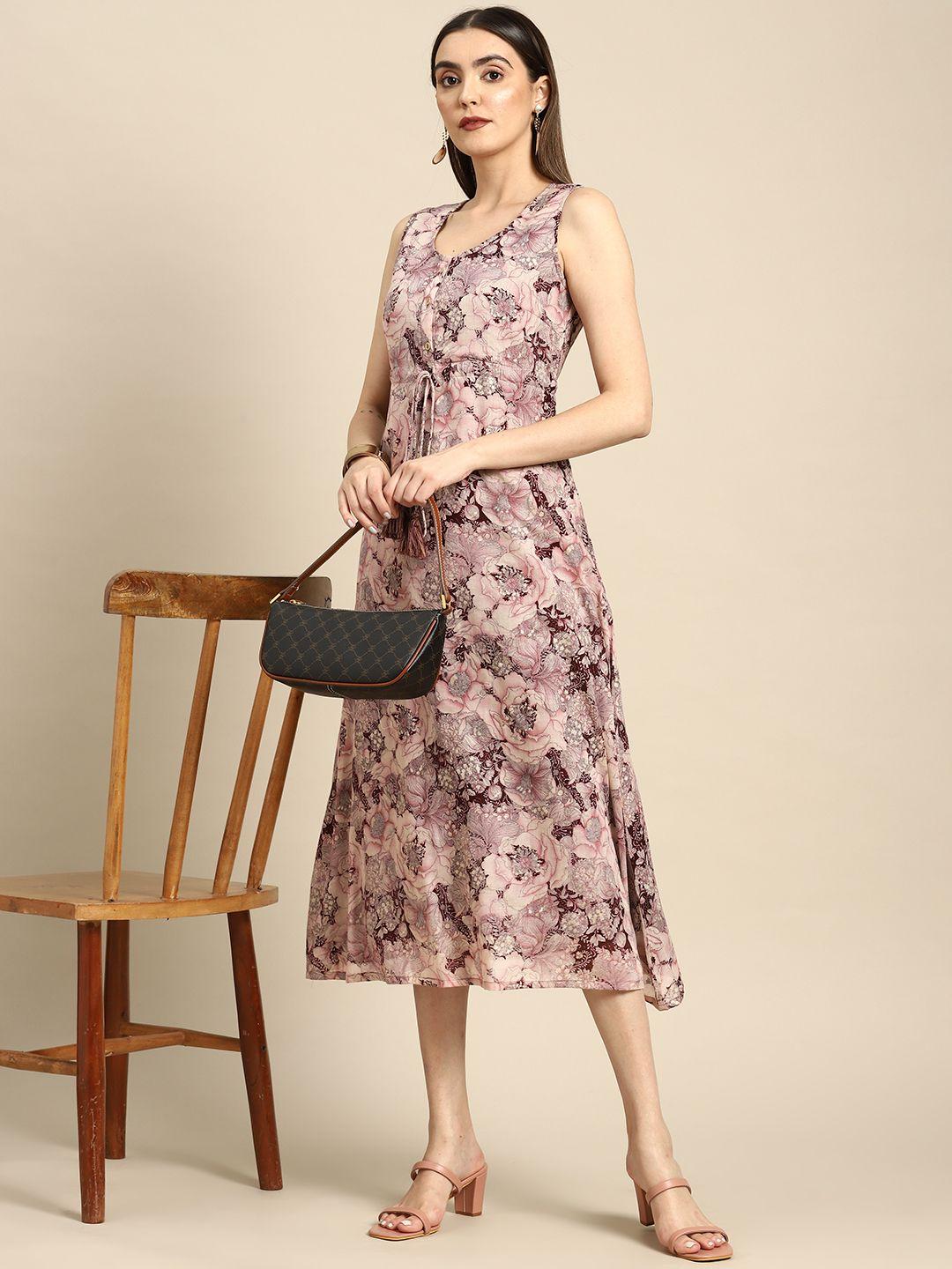 anouk magenta & beige floral print a-line maxi dress