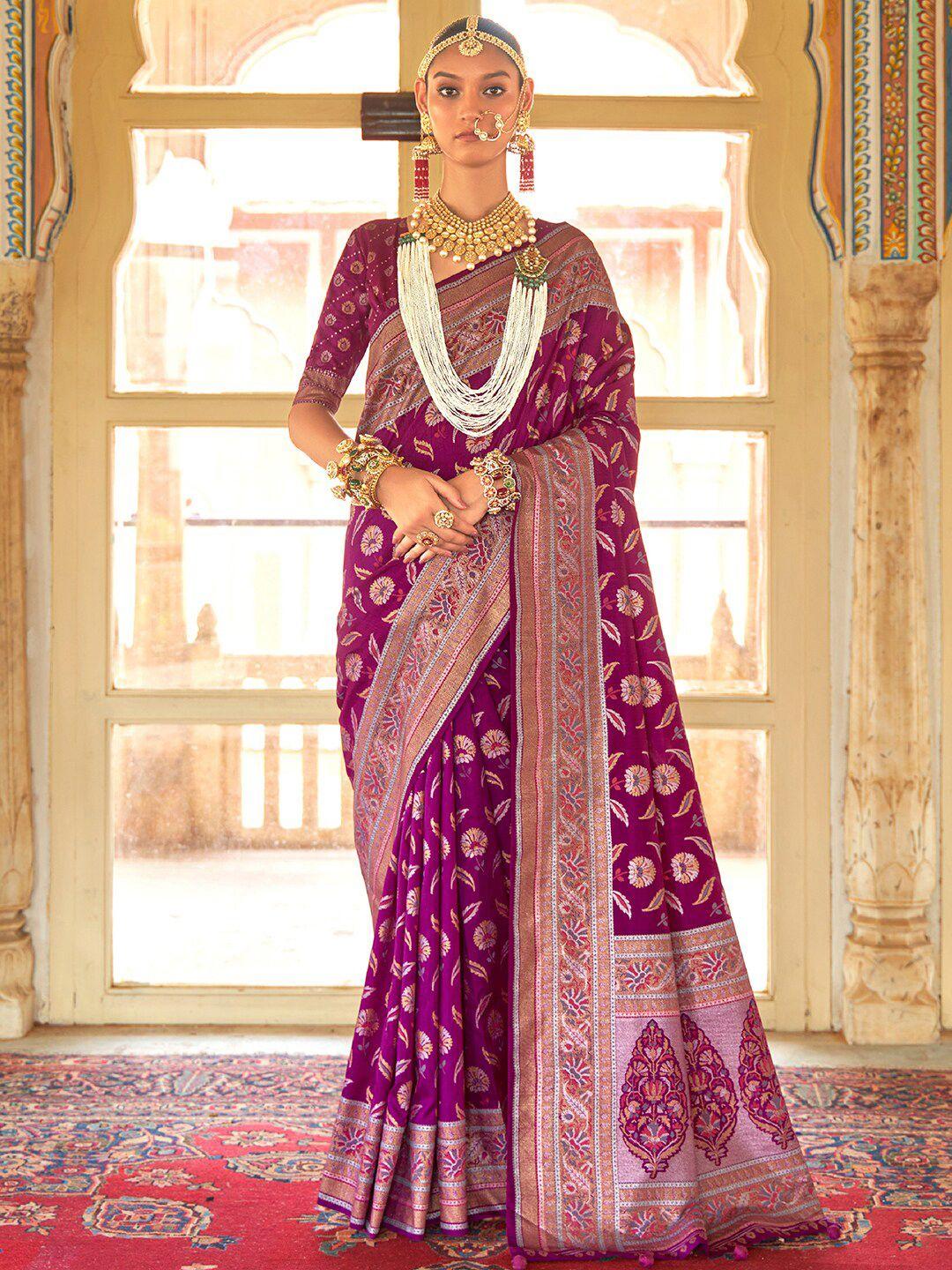 anouk magenta & gold-toned ethnic motifs woven design zari banarasi saree