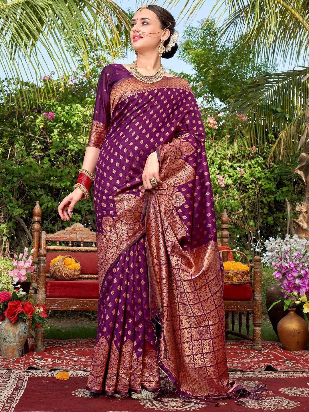 anouk magenta & gold-toned ethnic motifs woven design zari banarasi saree