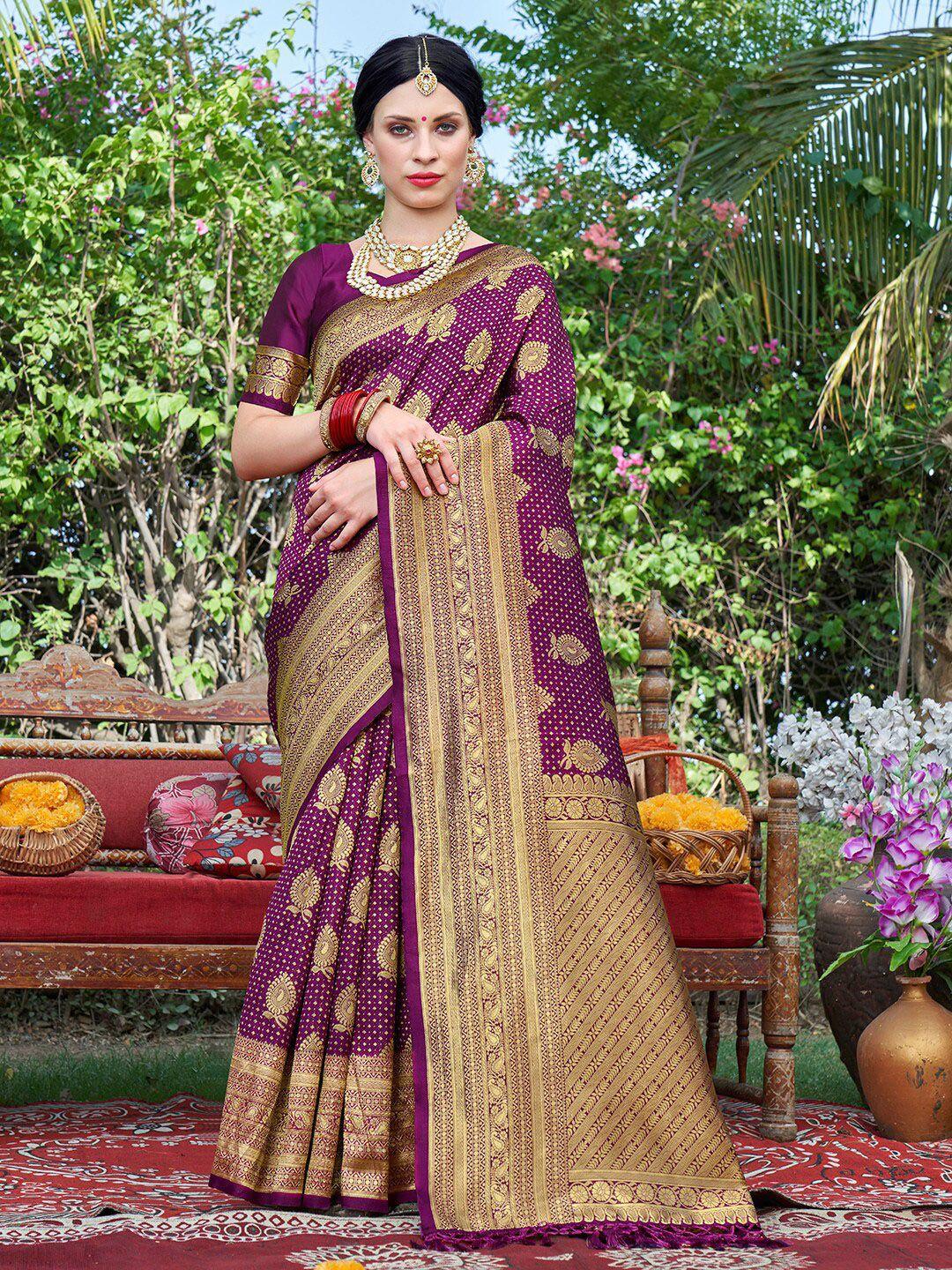 anouk magenta & gold-toned ethnic motifs woven design zari banarasi saree