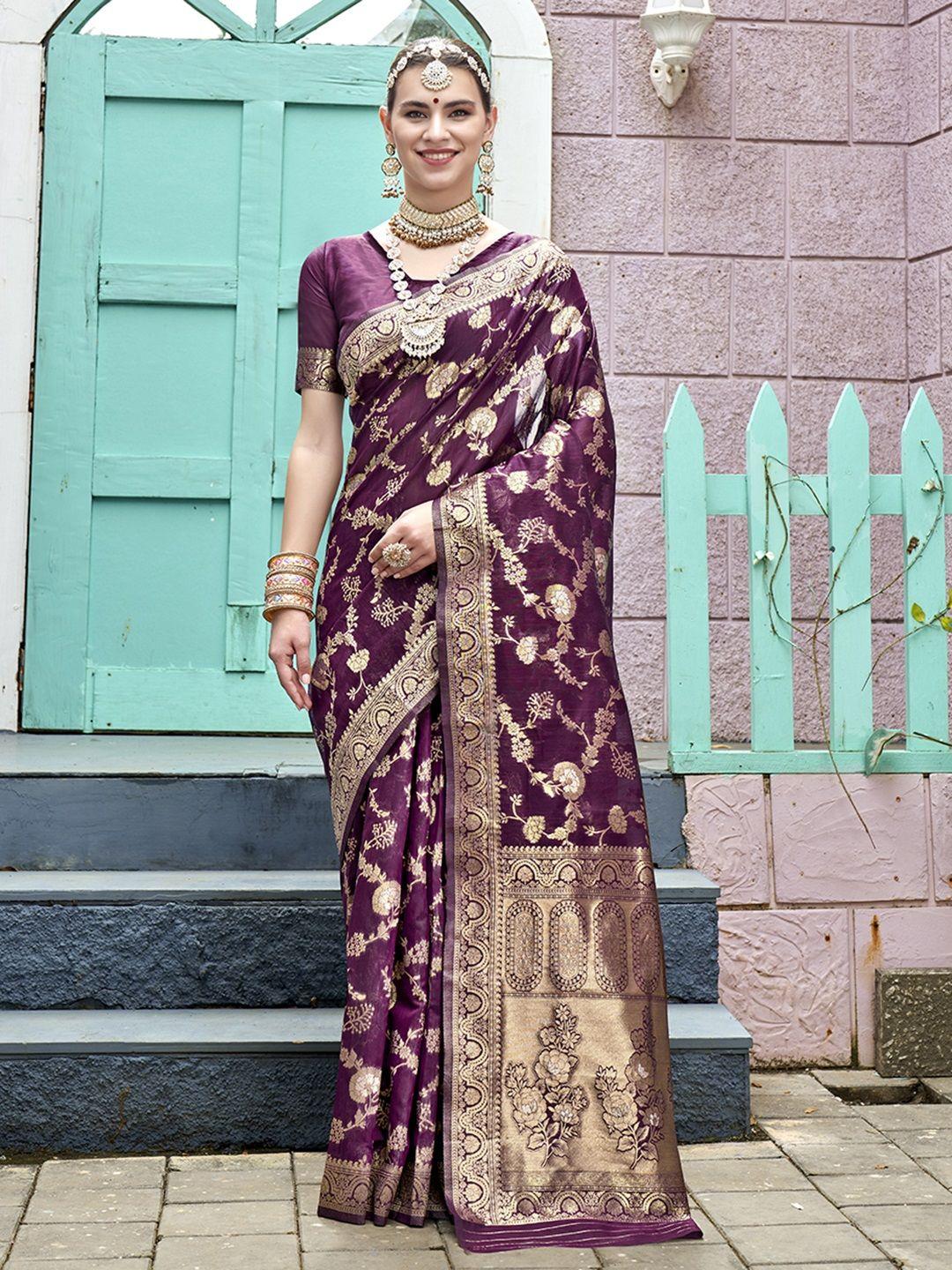 anouk magenta & gold toned woven design floral zari pure linen saree