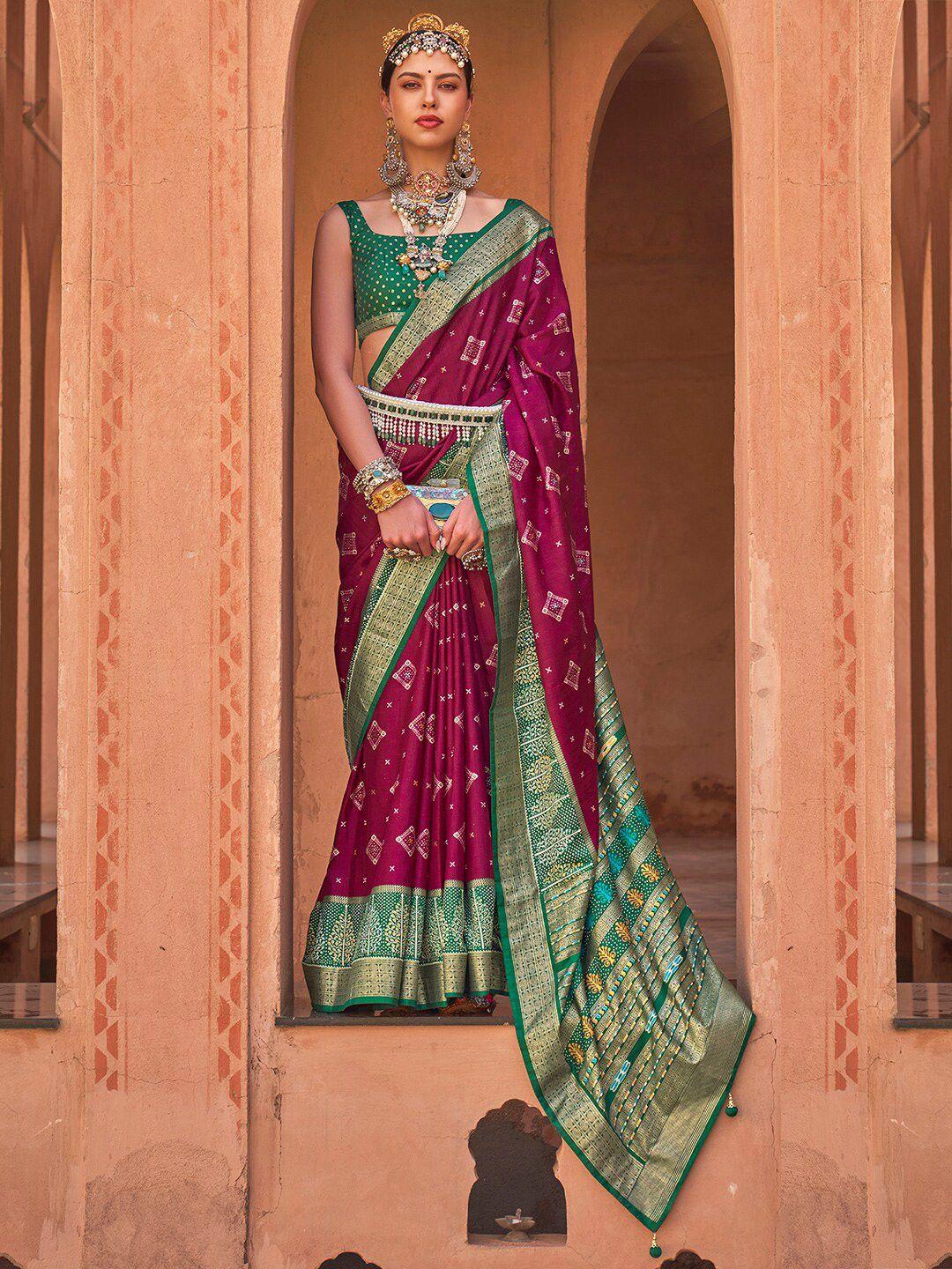 anouk magenta & green ethnic motifs woven design zari banarasi saree