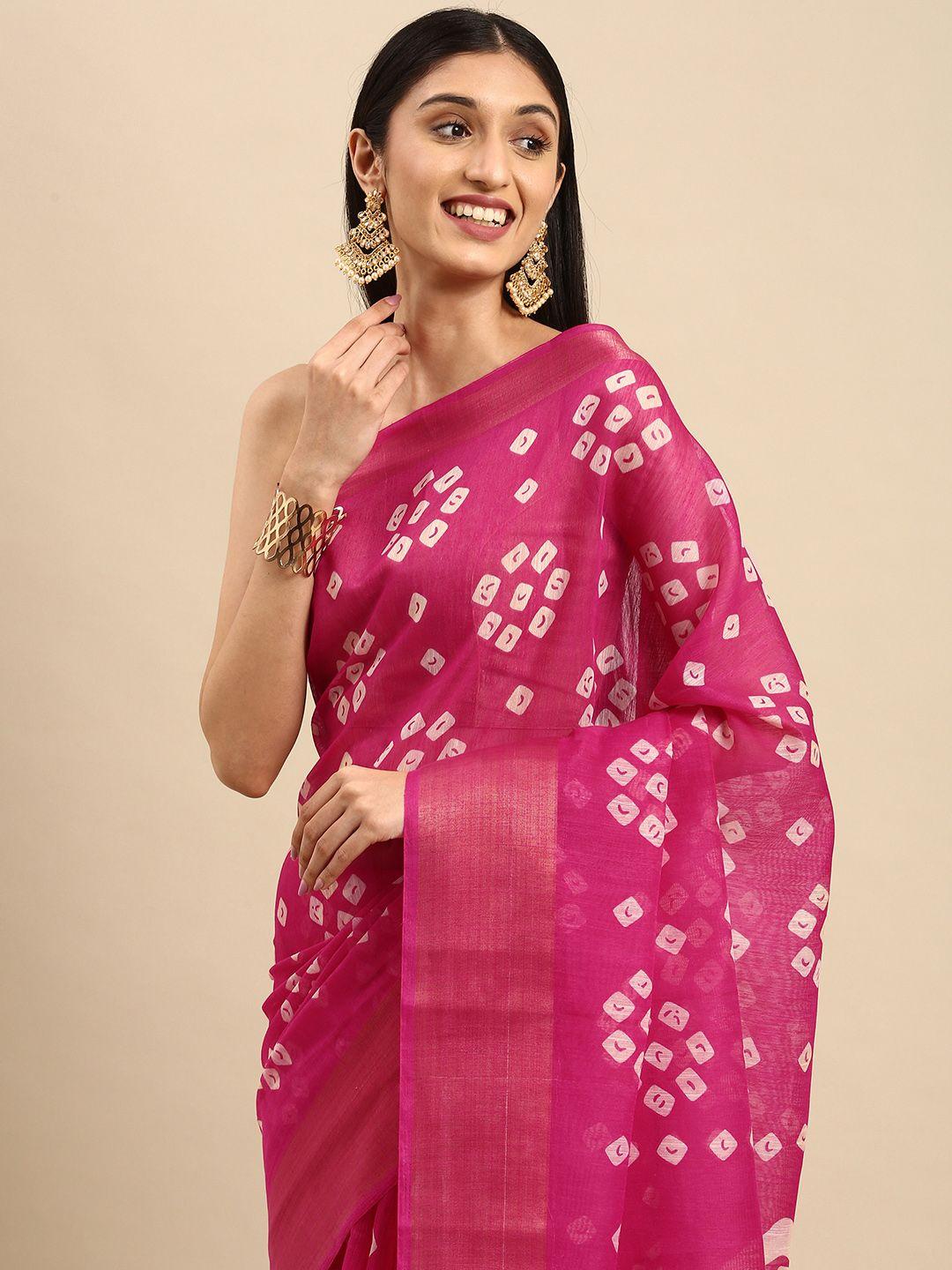 anouk magenta & white bandhani cotton blend saree