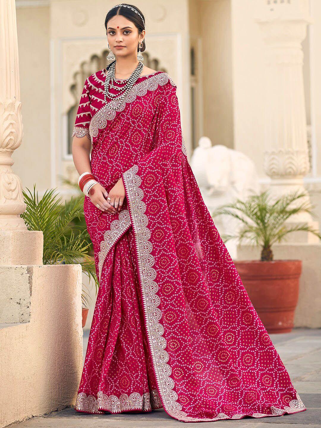 anouk magenta & white printed & embroidered bandhani saree