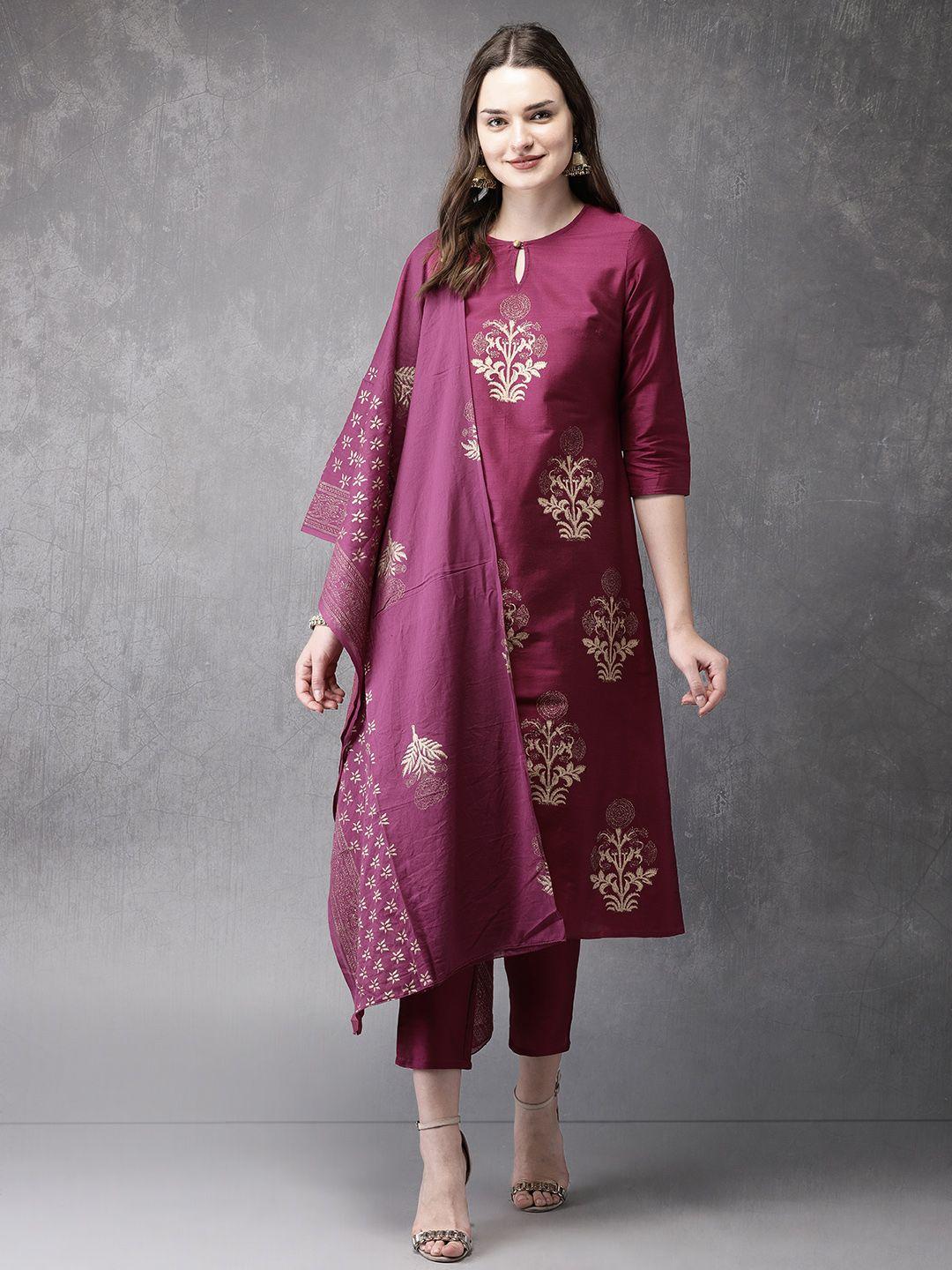 anouk magenta floral print kurta with trousers & dupatta