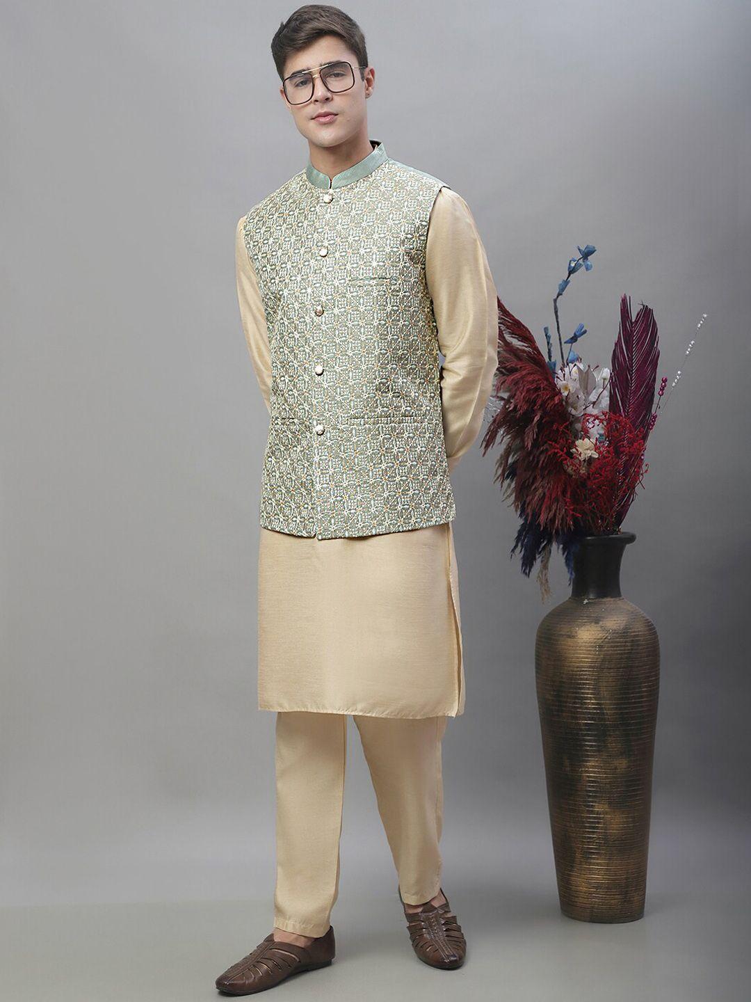 anouk mandarin collar dupion silk kurta with pyjamas with embroidered nehru jacket