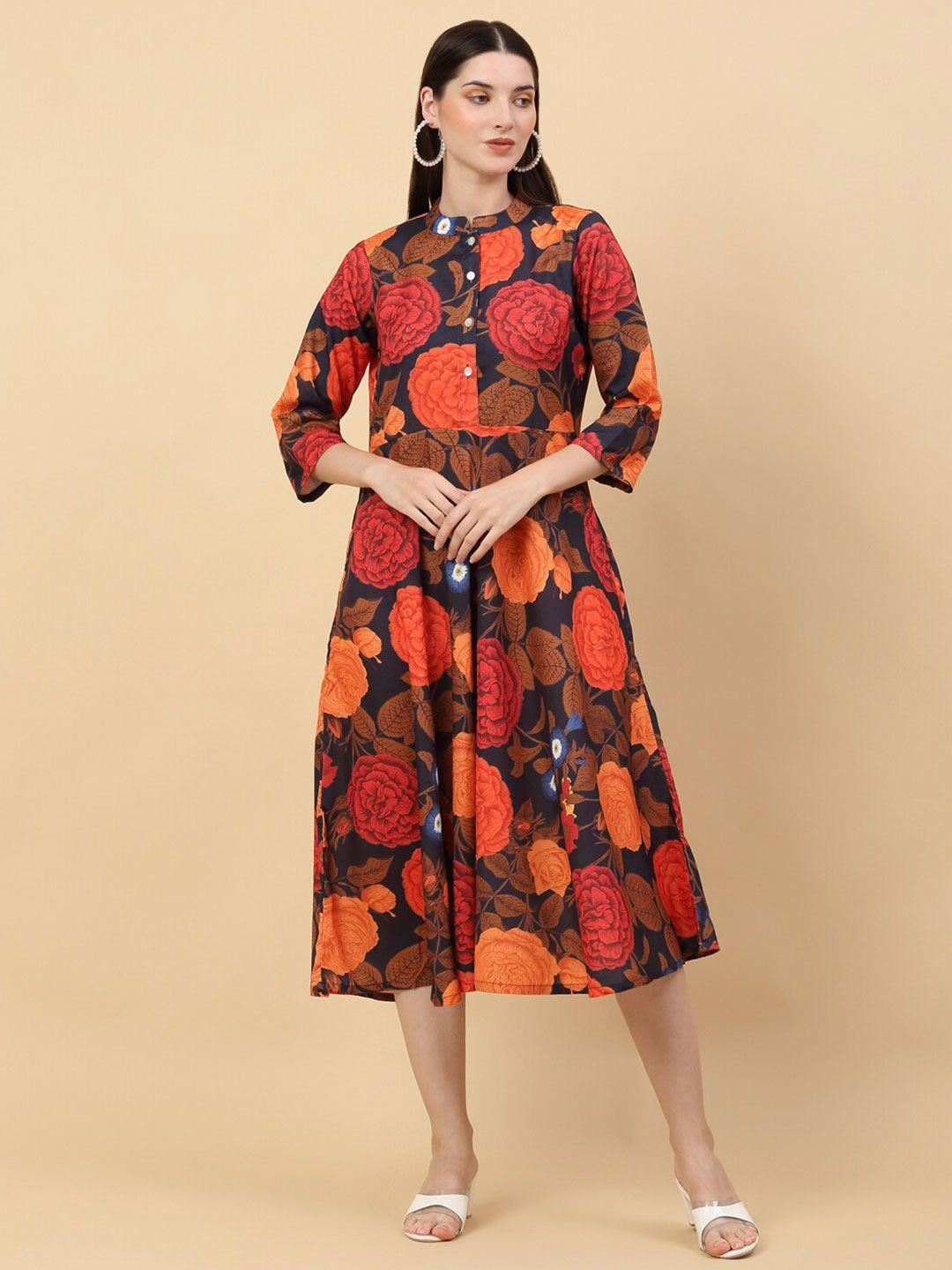 anouk mandarin collar floral print a-line cotton midi dress