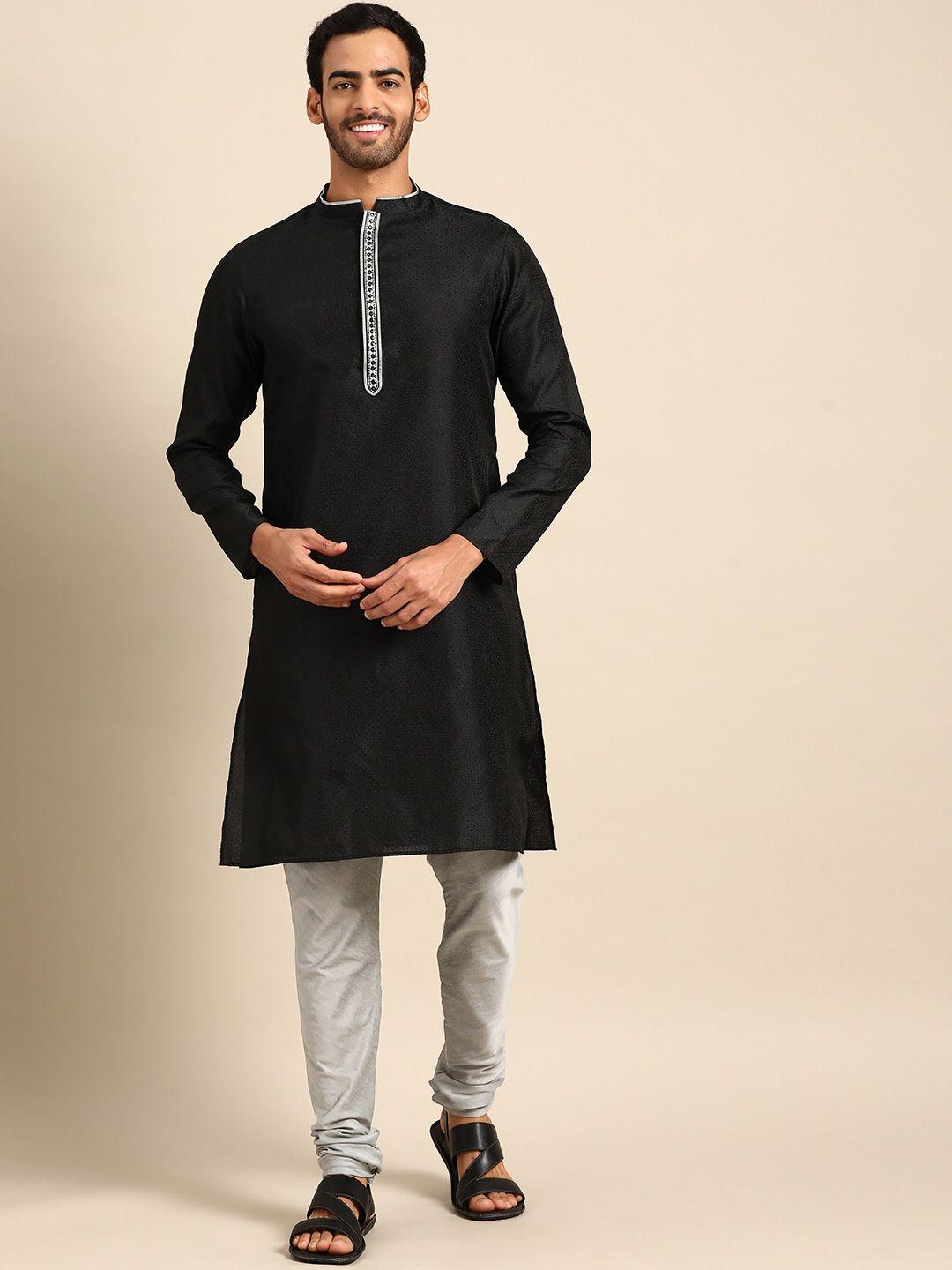 anouk mandarin collar long sleeves thread work jacquard kurta