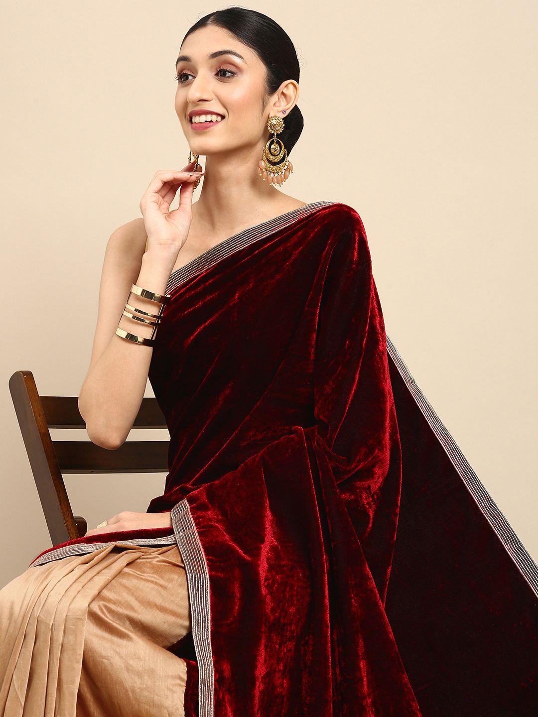 anouk maroon & beige patchwork velvet half and half bhagalpuri saree