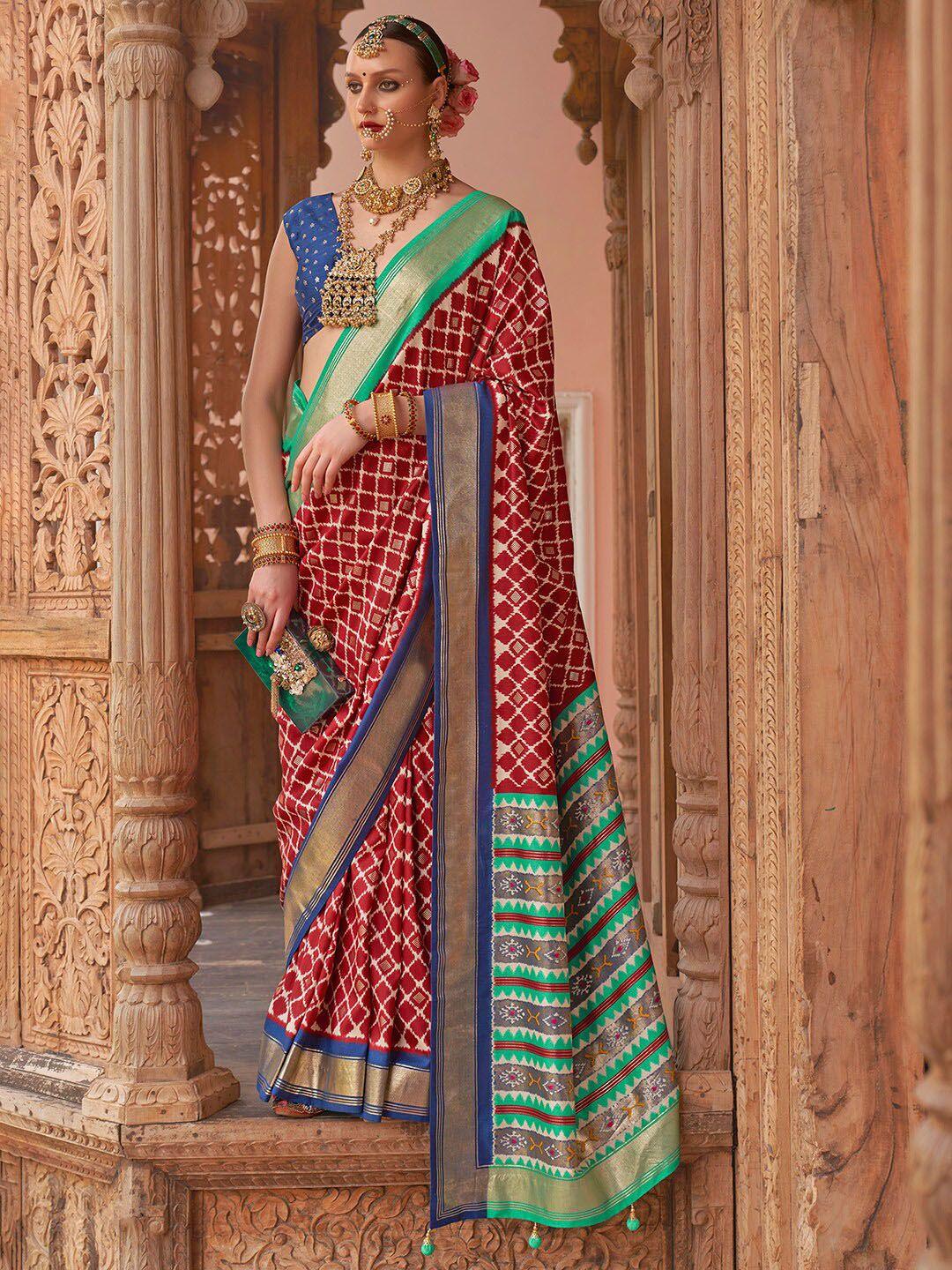 anouk maroon & blue zari silk blend banarasi saree
