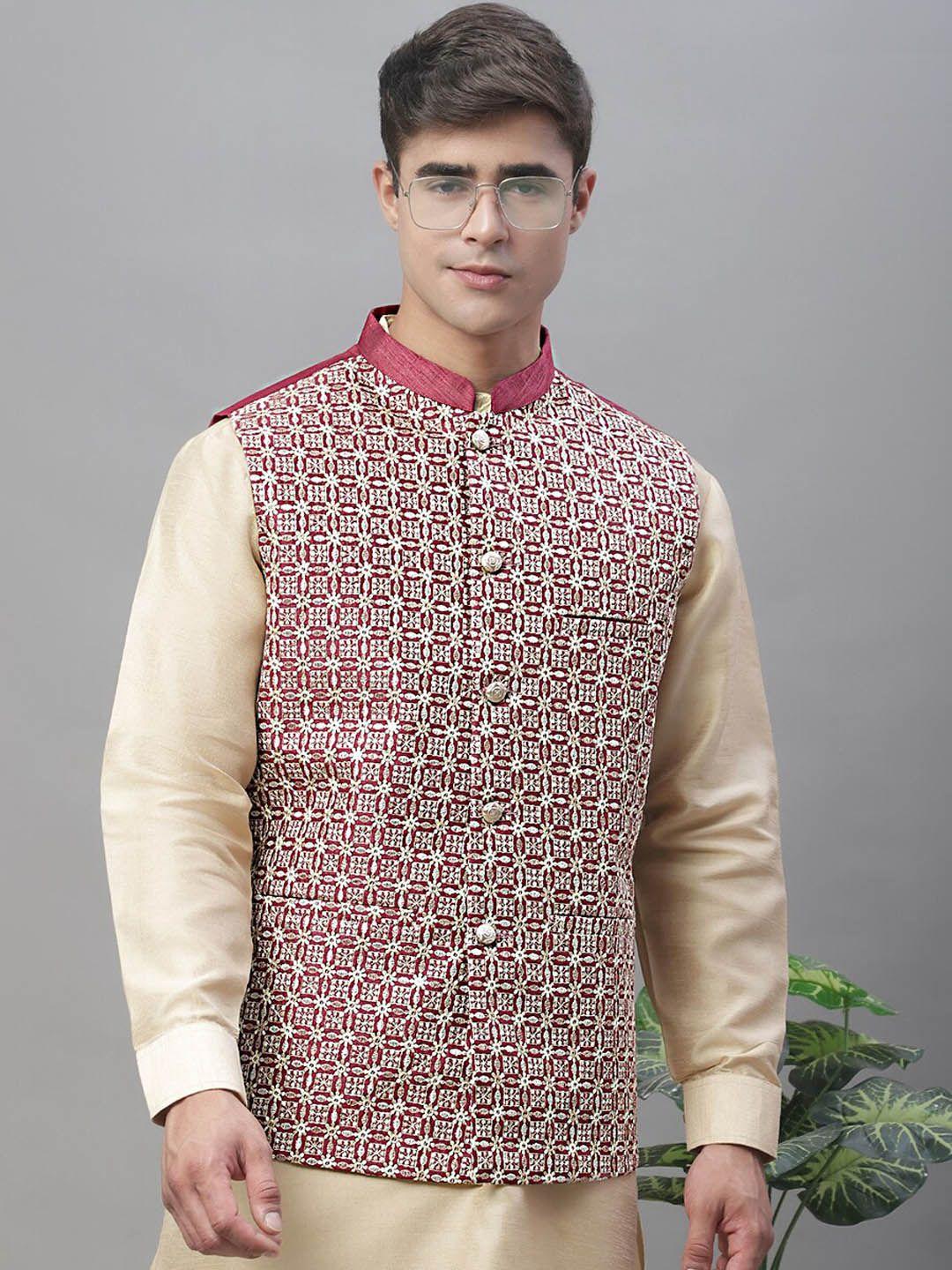 anouk maroon & cream coloured band collar kurta with pyjamas & nehru jacket
