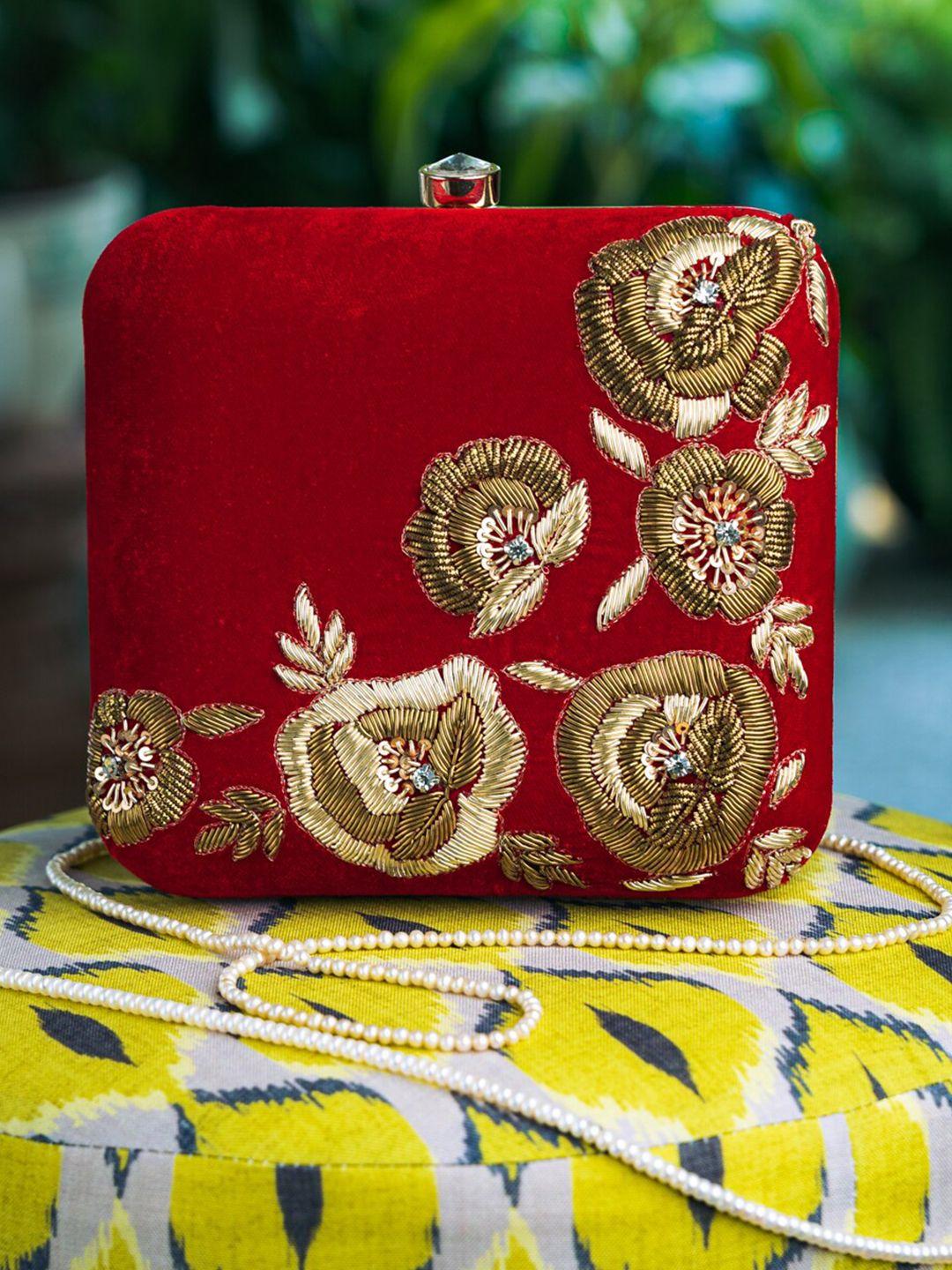anouk maroon & gold-toned embellished box clutch