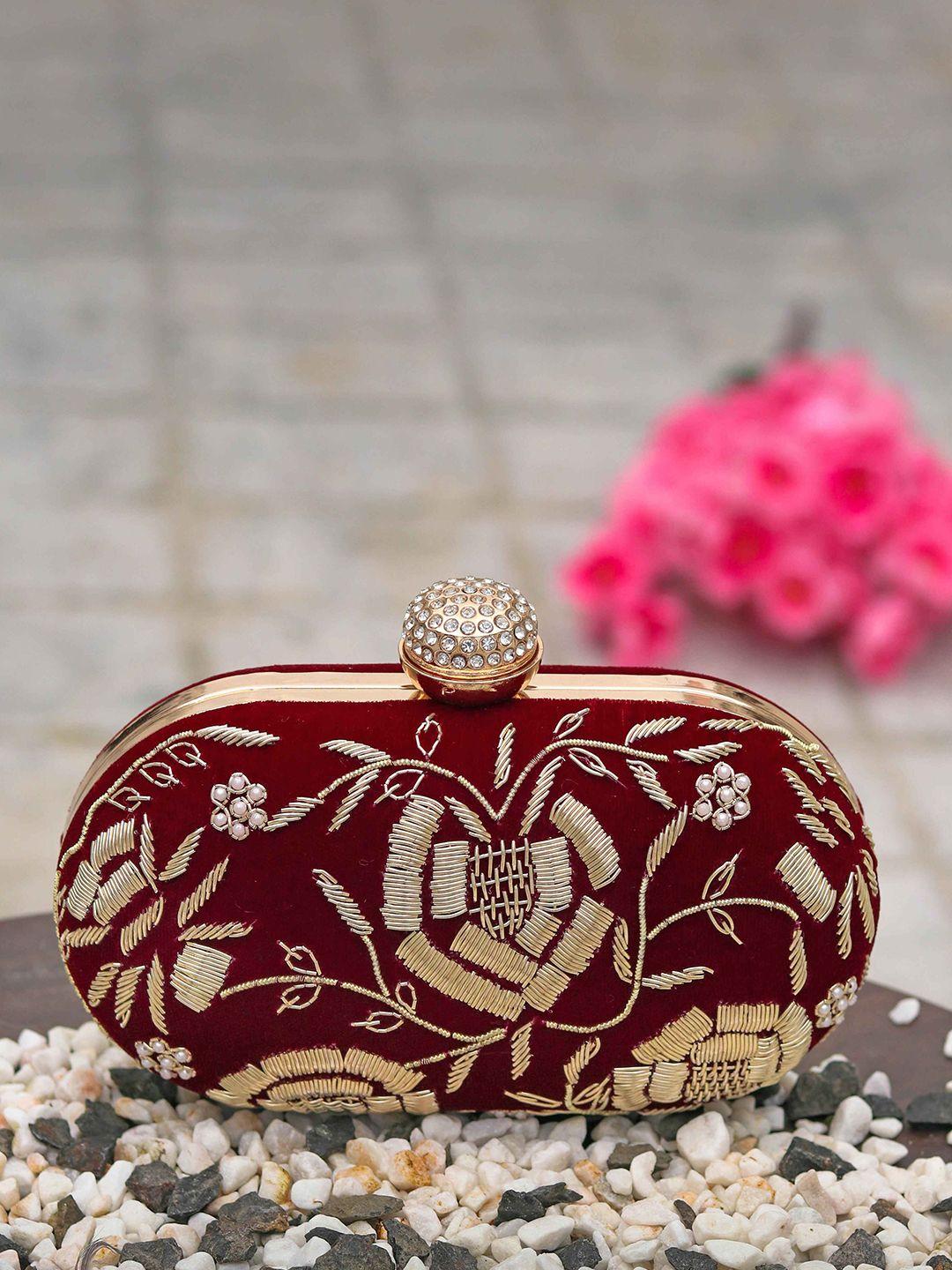 anouk maroon & gold-toned embroidered box clutch
