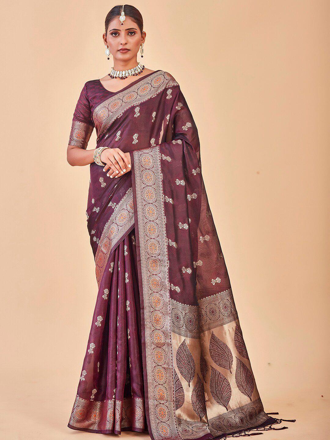 anouk maroon & gold-toned ethnic motifs woven design zari organza saree