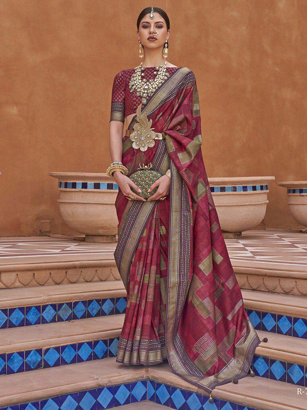 anouk maroon & gold-toned geometric woven design zari saree