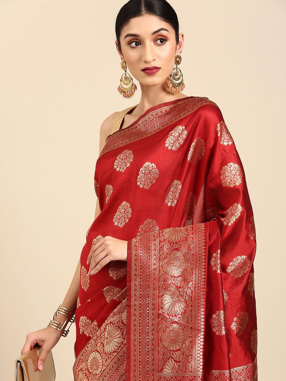 anouk maroon & gold-toned woven design zari silk blend banarasi saree