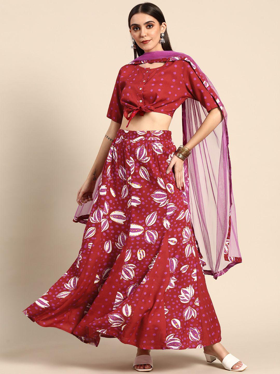 anouk maroon & purple ready to wear printed fusion lehenga & blouse with dupatta