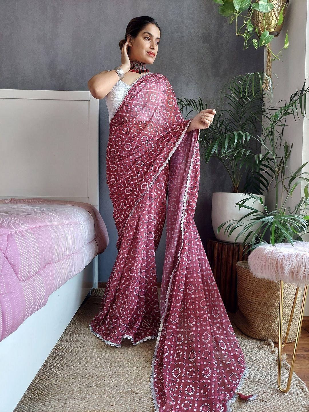 anouk maroon & white bandhani printed poly georgette designer bandhani saree