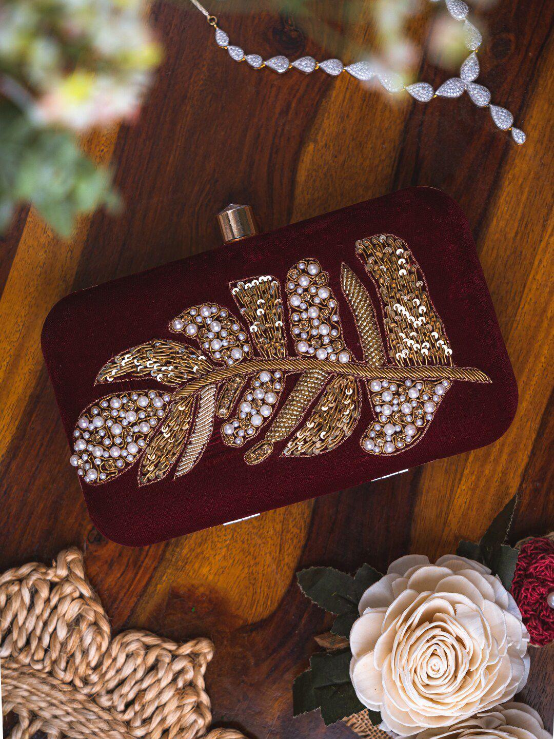 anouk maroon & white embroidered box clutch