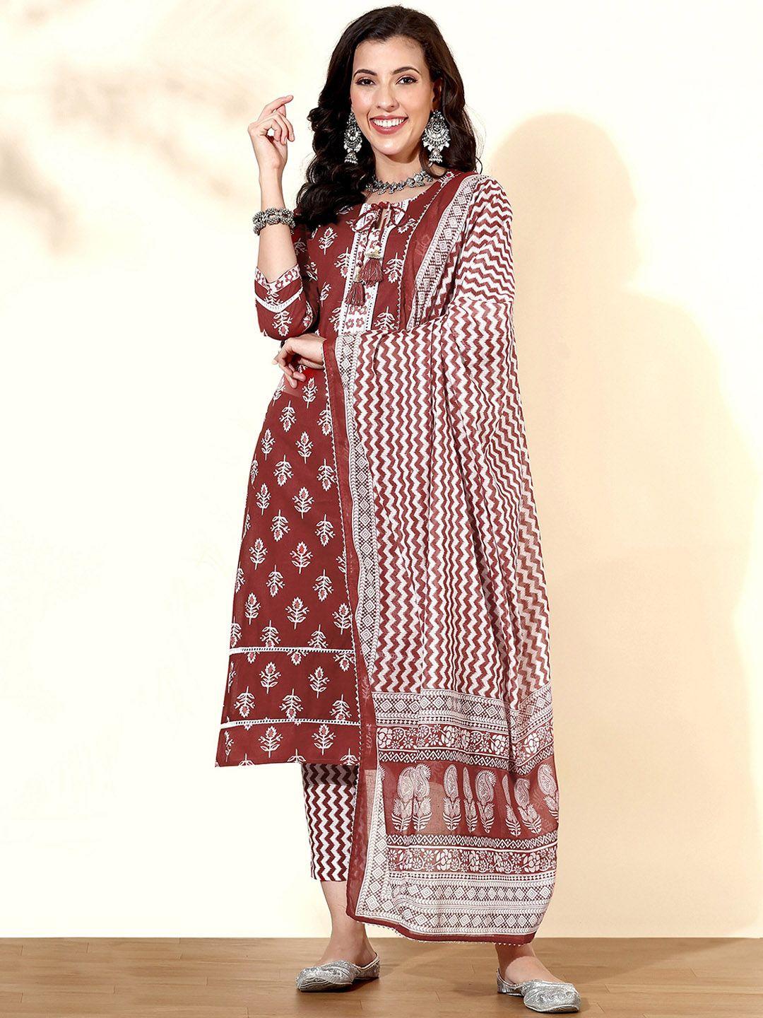 anouk maroon & white ethnic printed pure cotton straight kurta with trousers & dupatta