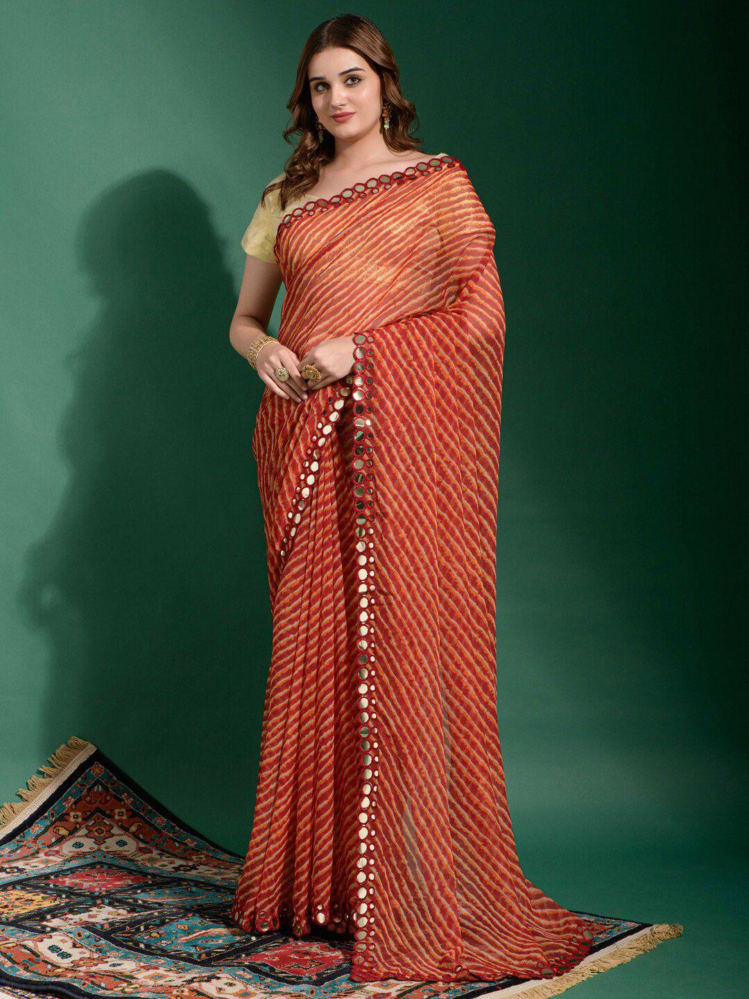 anouk maroon & white leheriya printed mirror work saree