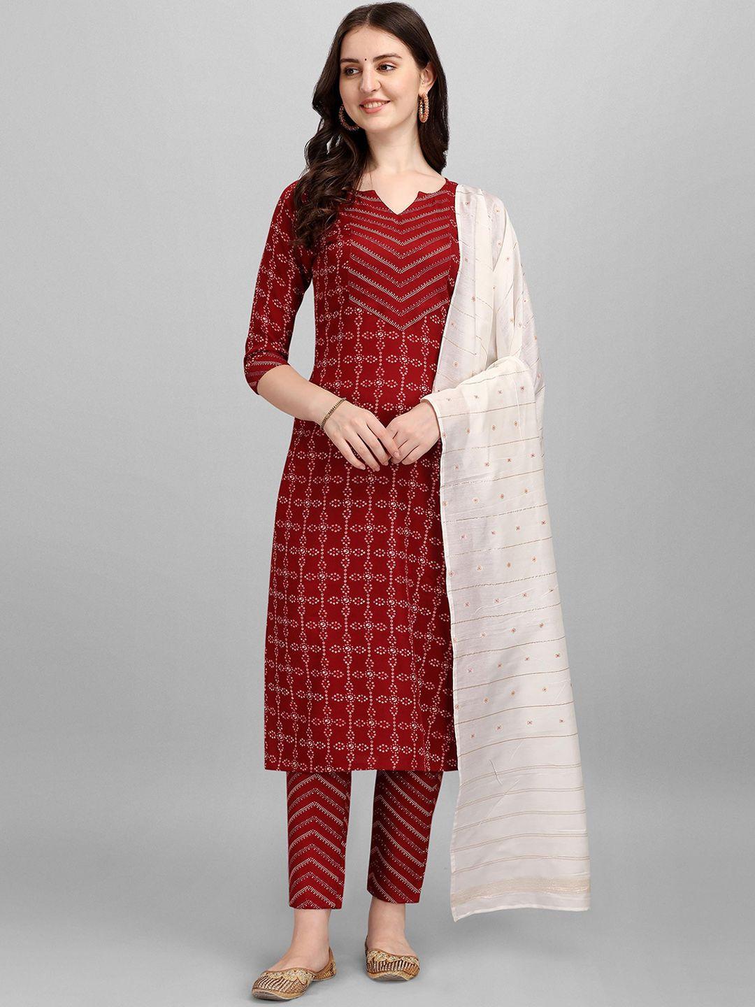 anouk maroon bandhani printed pure cotton kurta with trousers & dupatta