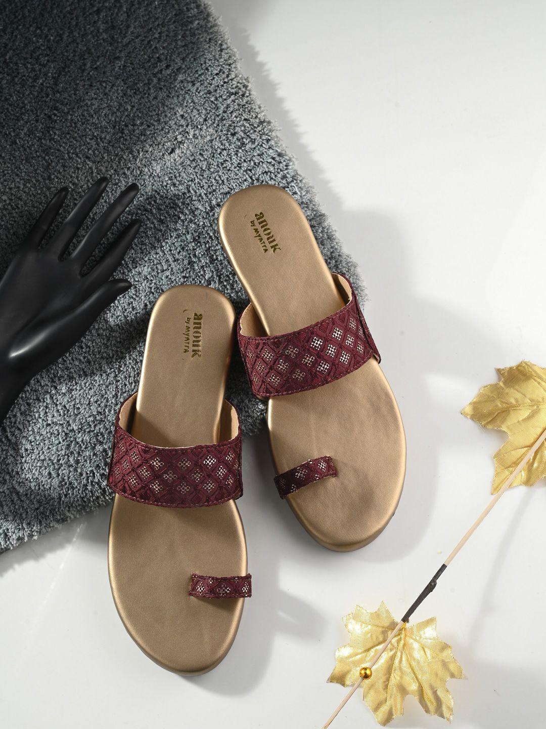 anouk maroon ethnic embellished fabric one toe flats