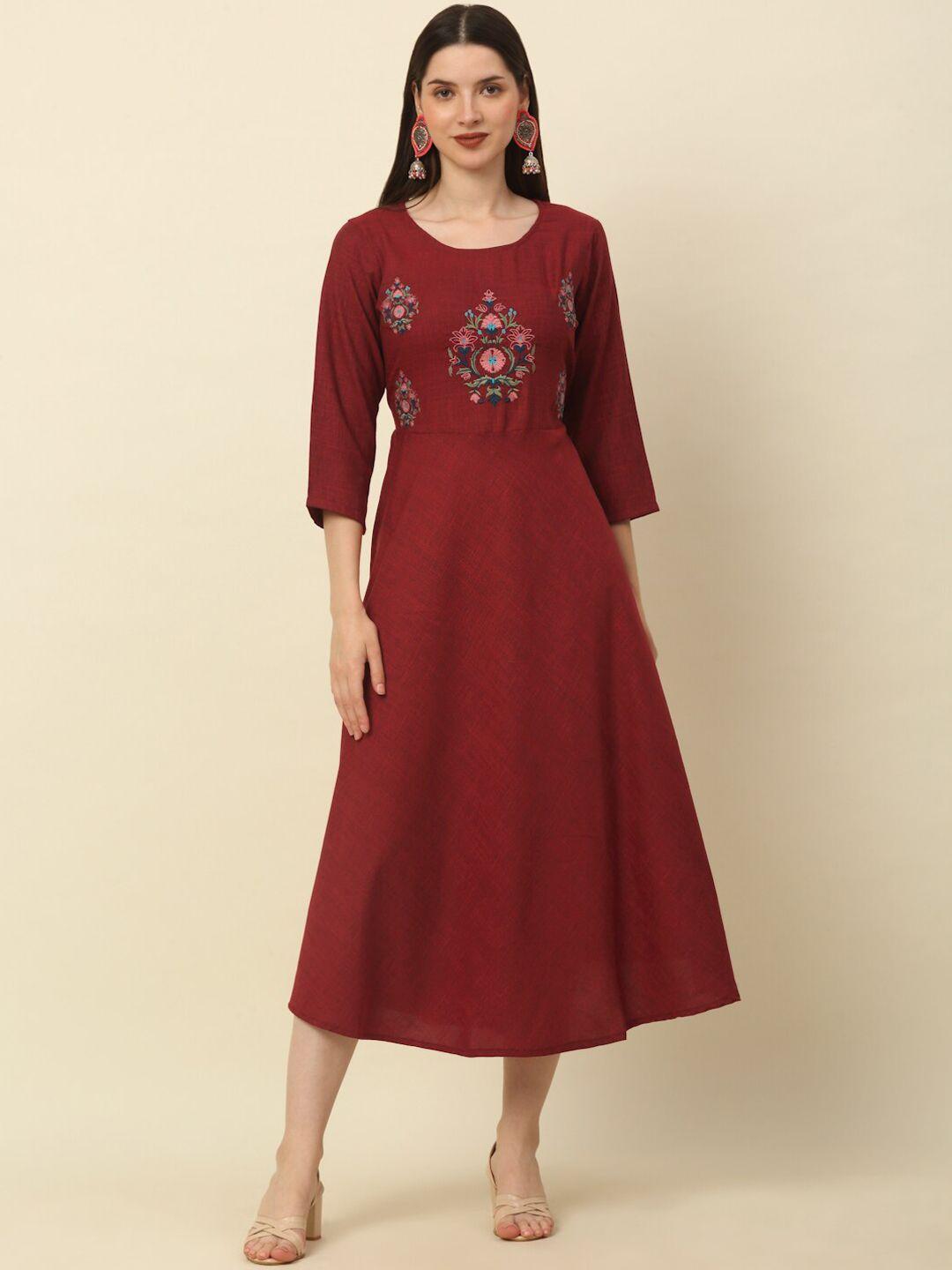anouk maroon ethnic motifs embroidered a-line dress