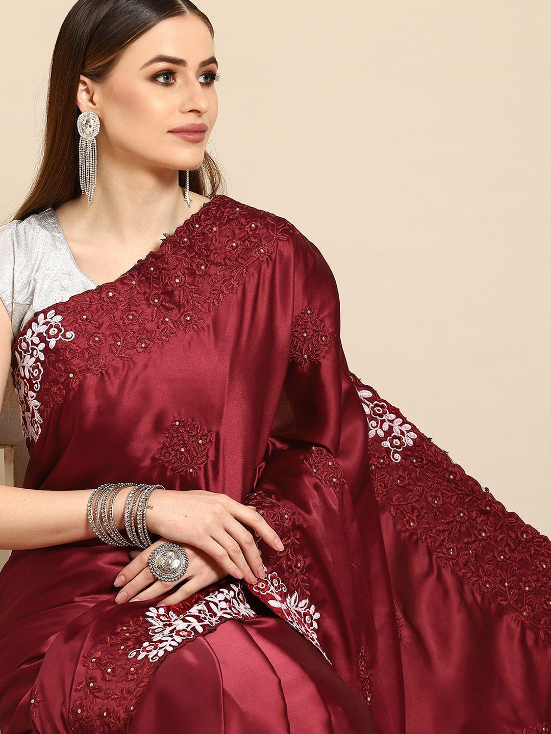 anouk maroon ethnic motifs embroidered satin saree