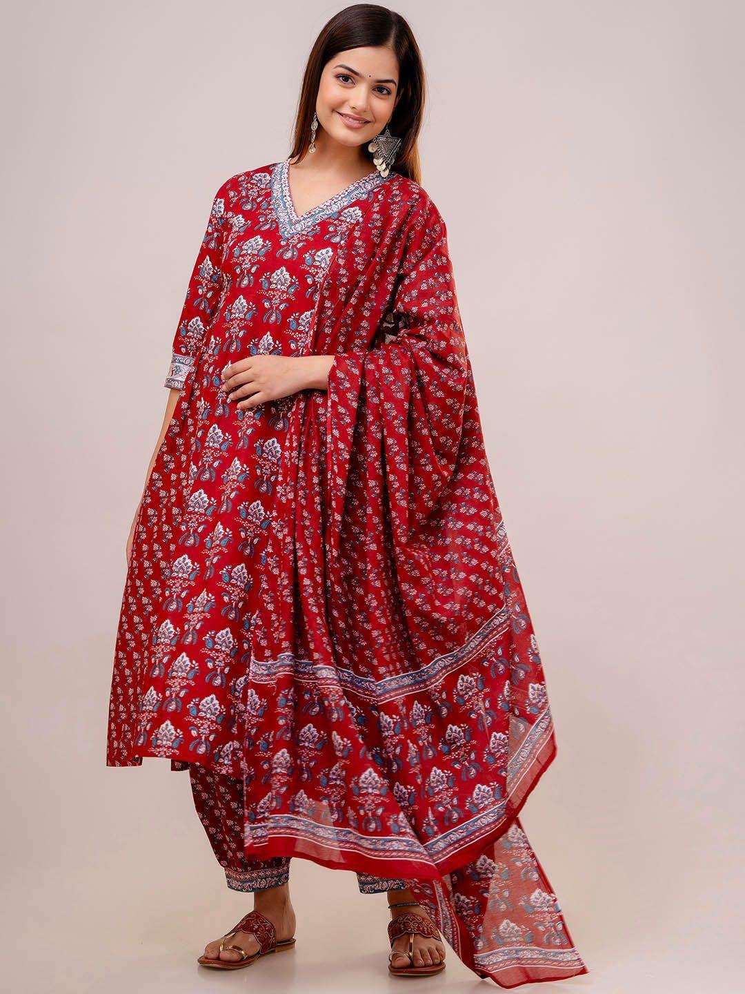 anouk maroon ethnic motifs printed pure cotton a-line kurta with salwar & dupatta