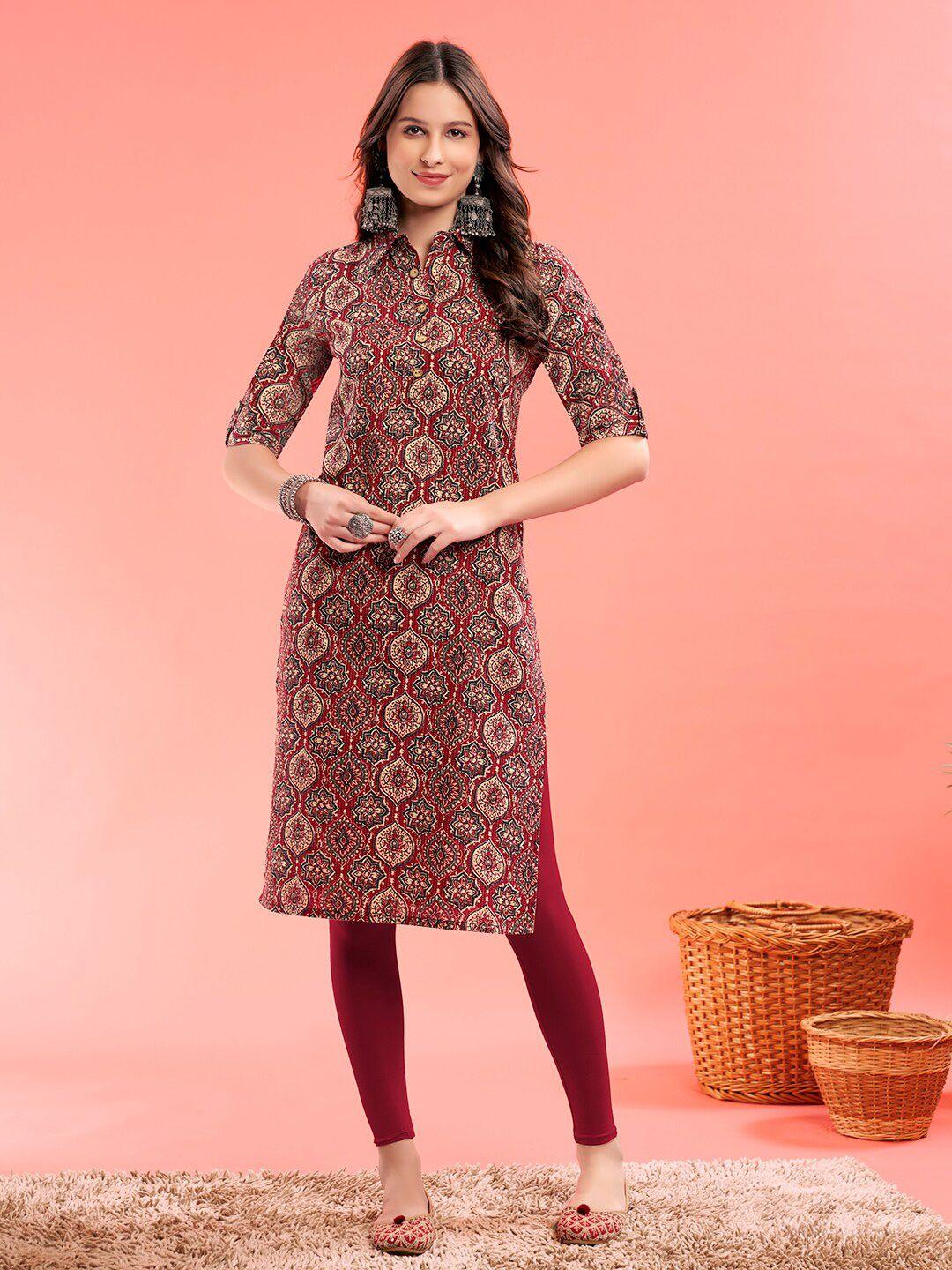 anouk maroon ethnic motifs printed straight cotton kurta