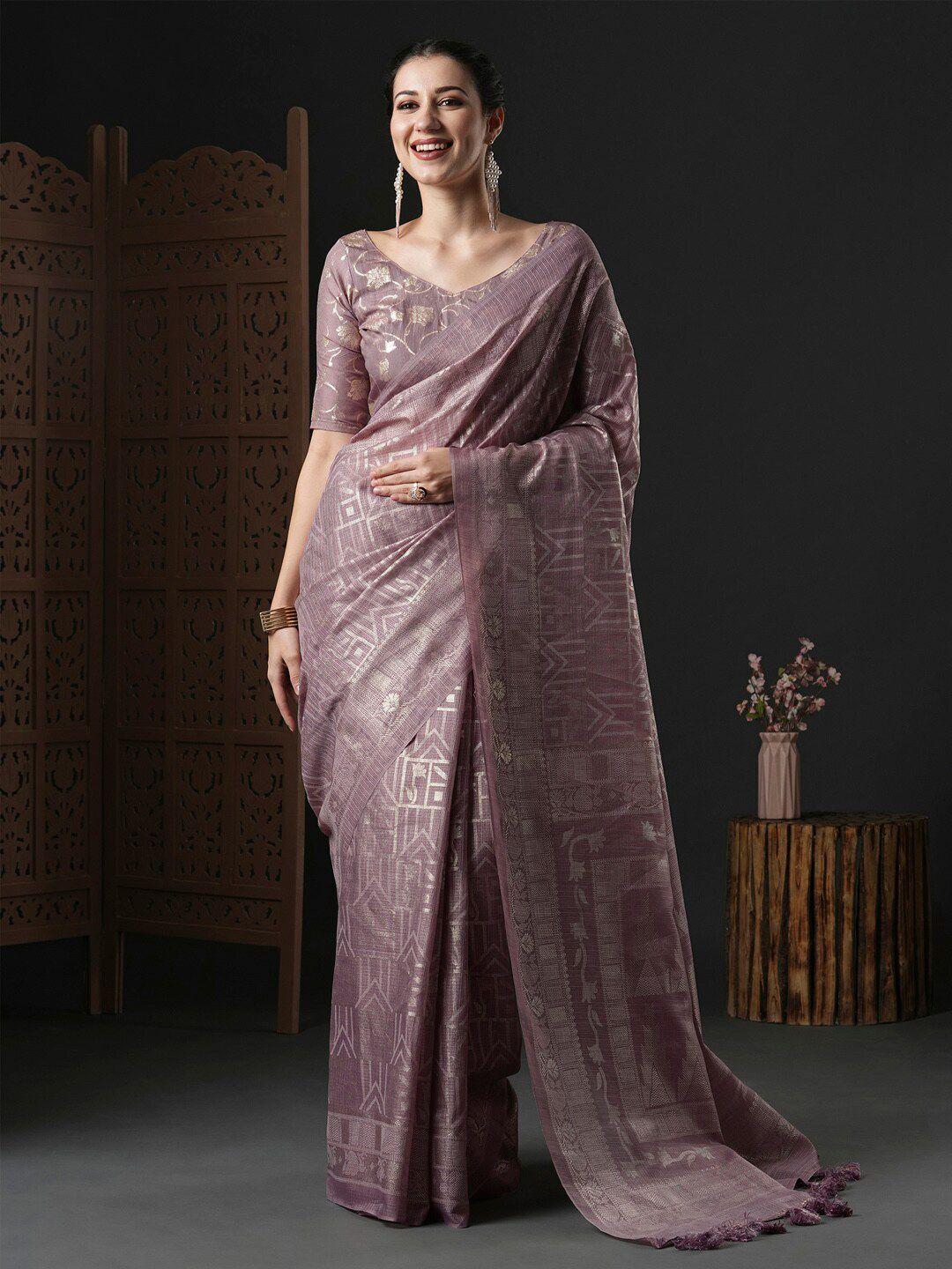 anouk mauve & gold-toned ethnic motifs printed saree