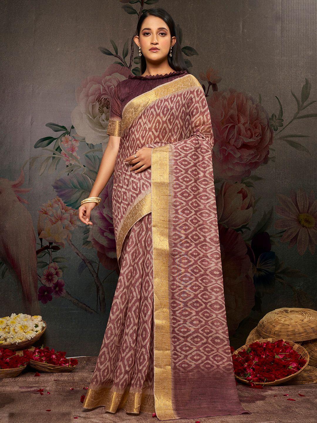 anouk mauve & gold-toned geometric printed zari sungudi saree