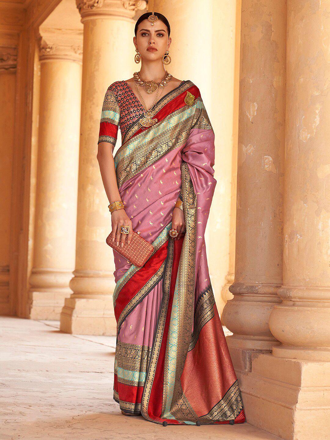 anouk mauve & gunmetal-toned woven design zari silk blend banarasi saree