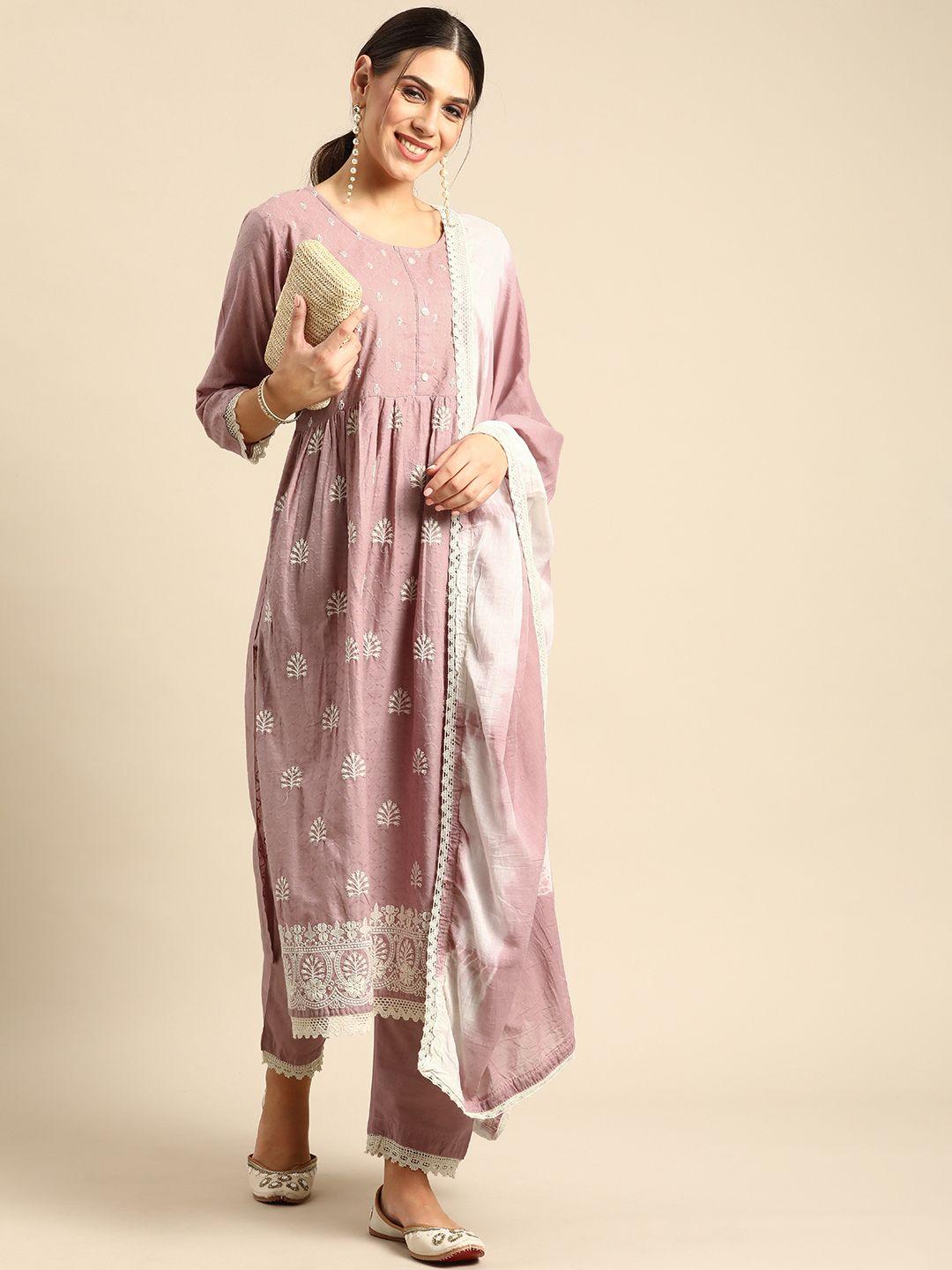 anouk mauve & off-white ethnic embroidered cotton straight kurta with trousers dupatta