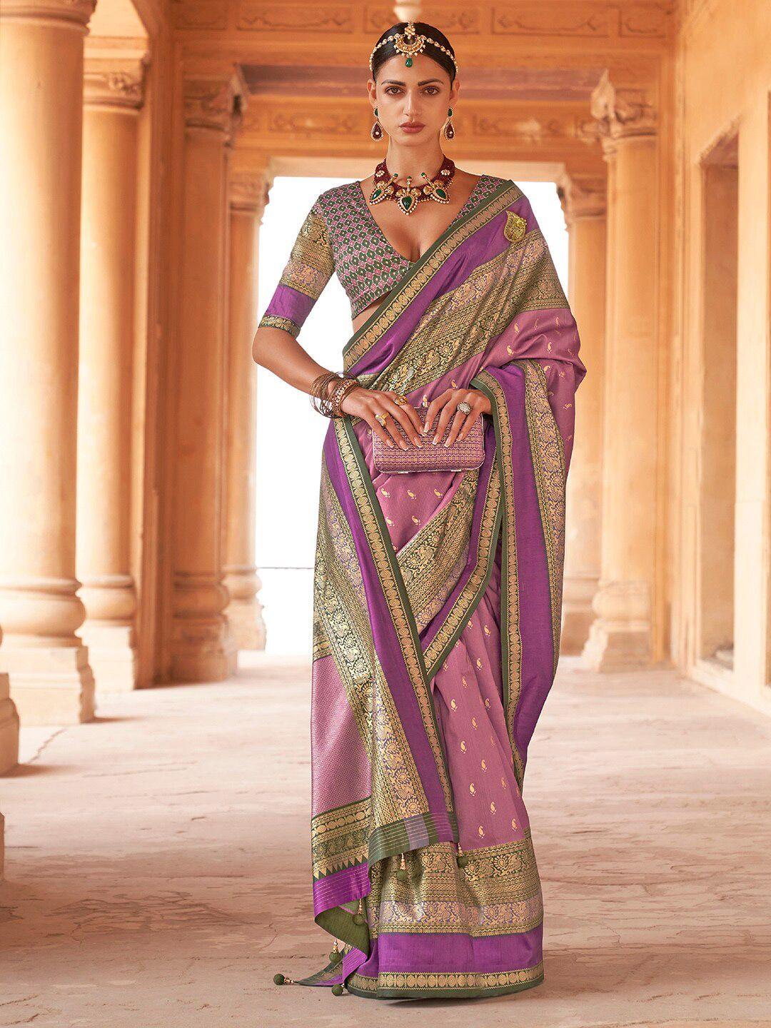 anouk mauve & purple woven design zari silk blend banarasi saree