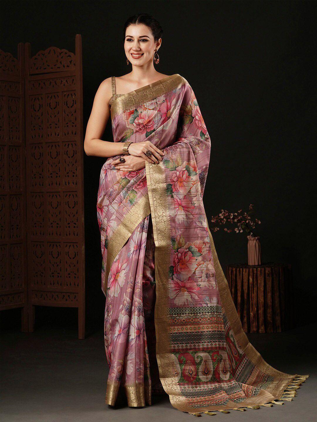 anouk mauve & red floral printed zari sungudi saree