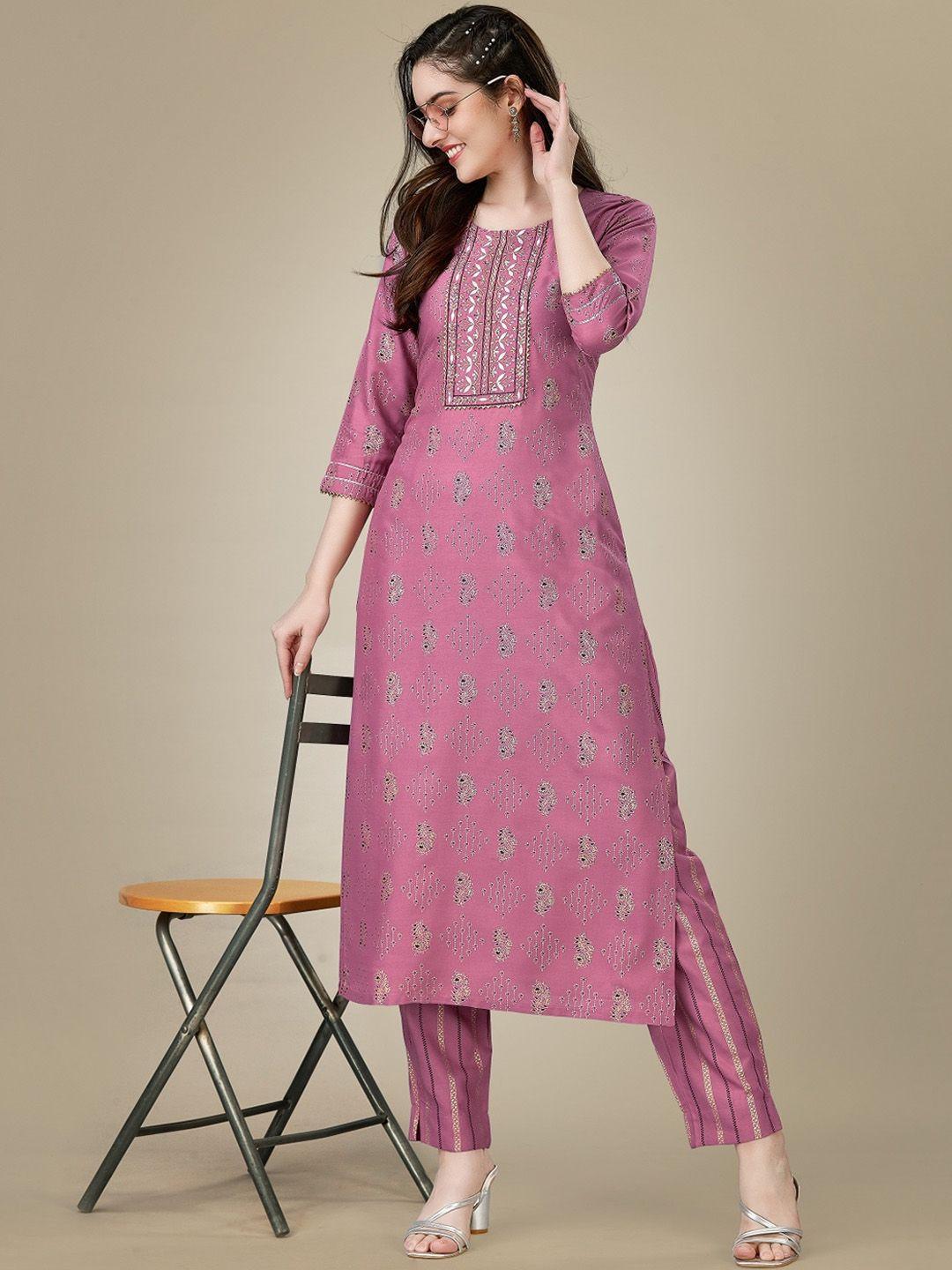 anouk mauve floral printed regular straight kurta with trousers