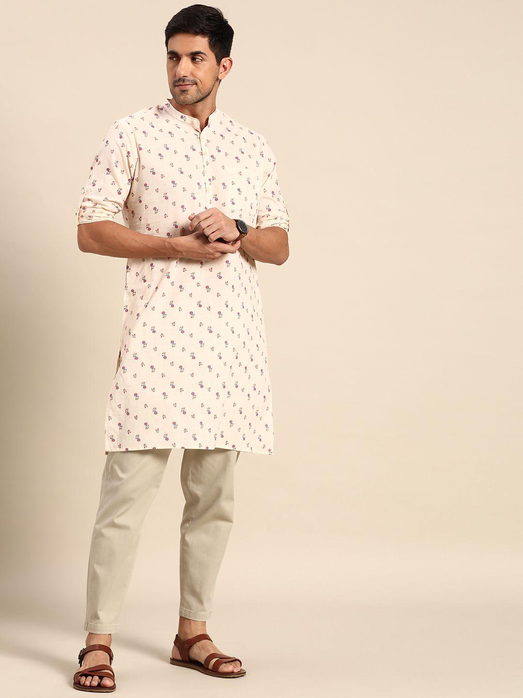 anouk men beige & pink floral printed kurta