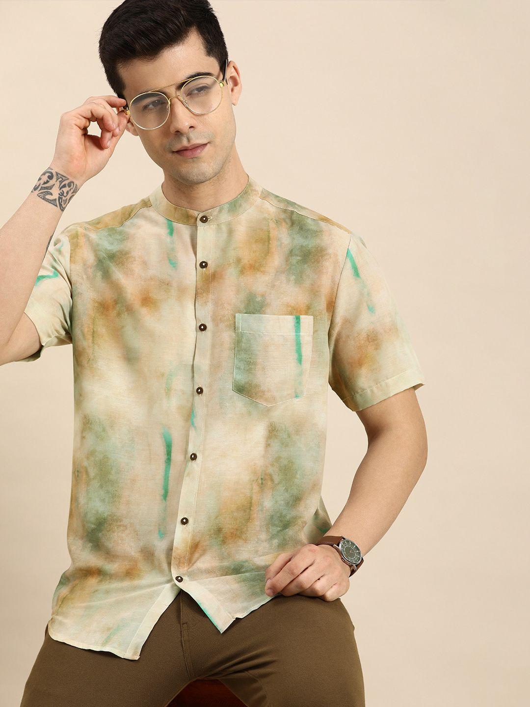 anouk men beige and green tie and dye printed casual shirt