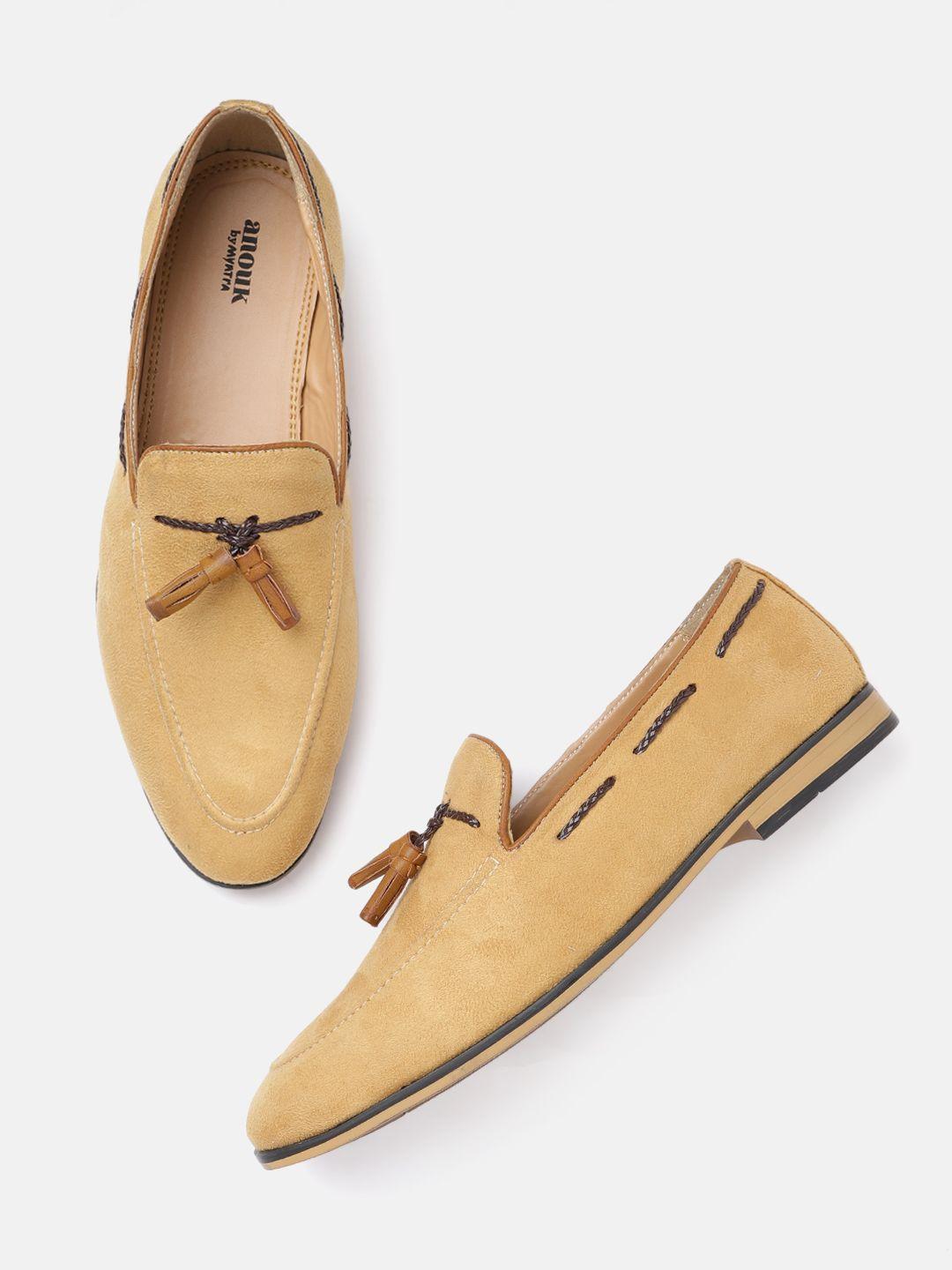 anouk men beige solid suede finish tasselled loafers