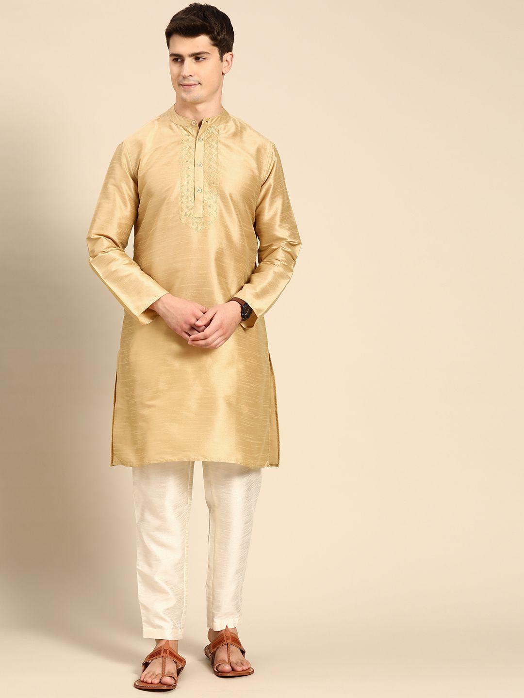 anouk men beige yoke design kurta with pyjamas