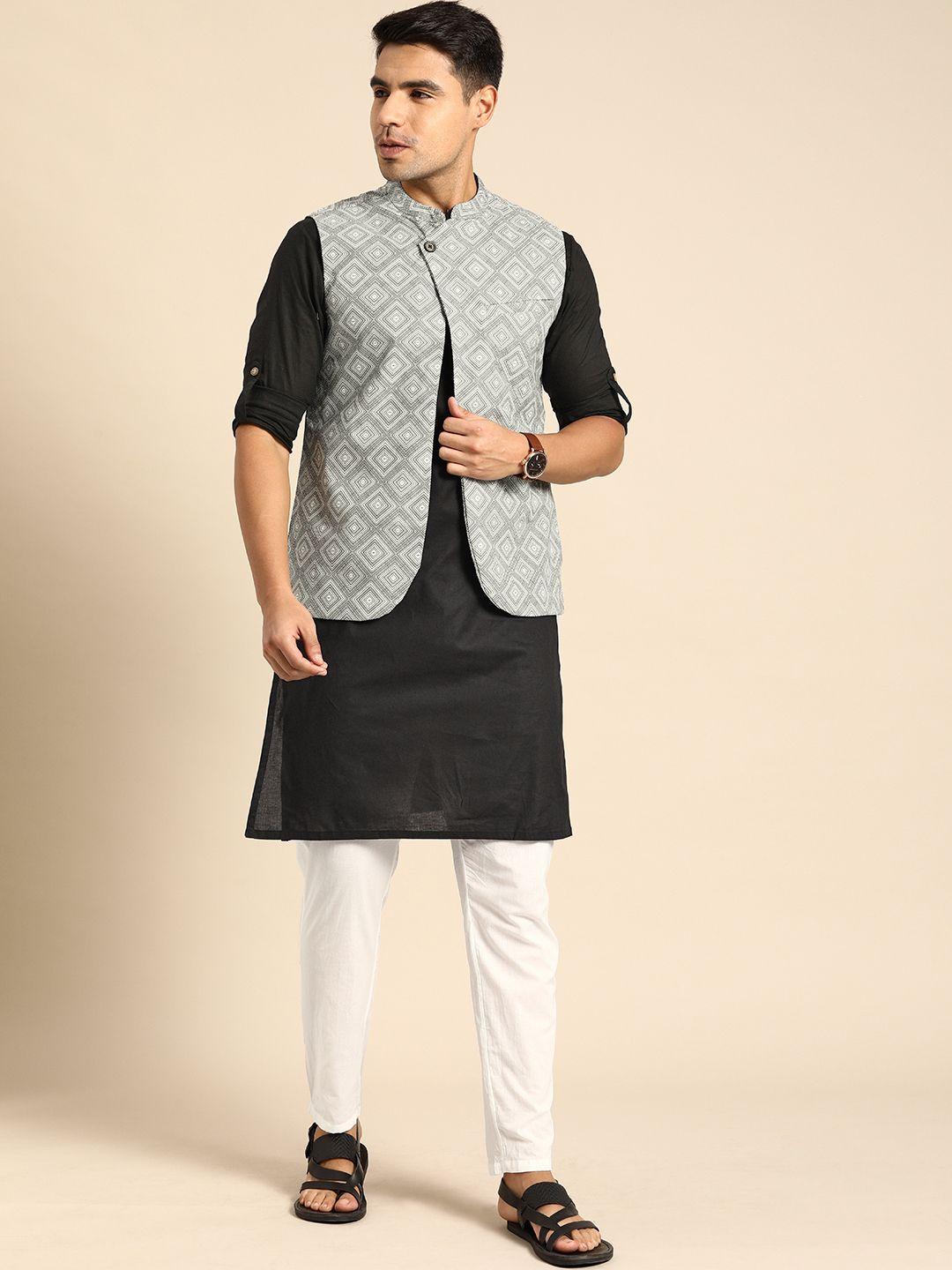 anouk men black & white solid kurta with trousers & nehru jacket