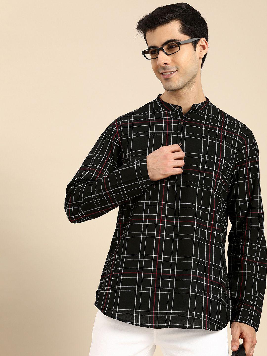 anouk men black checked pure cotton kurta