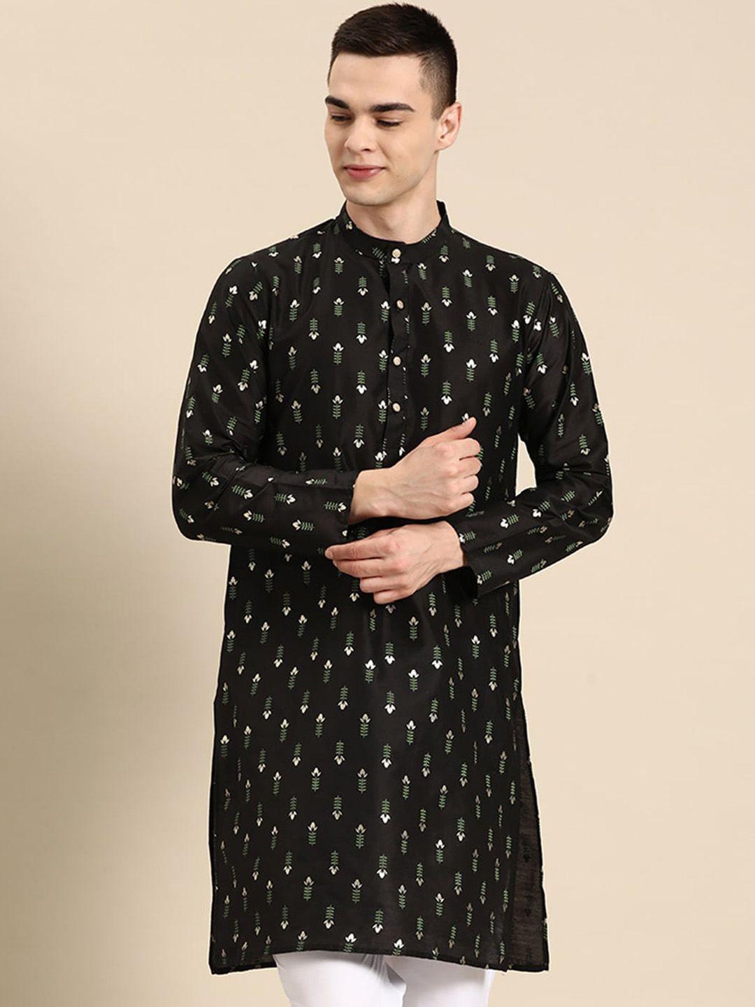 anouk men black geometric striped flared sleeves thread work kurta