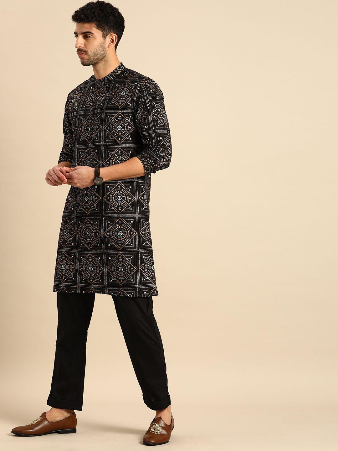 anouk men black printed regular pure cotton kurta with pyjamas